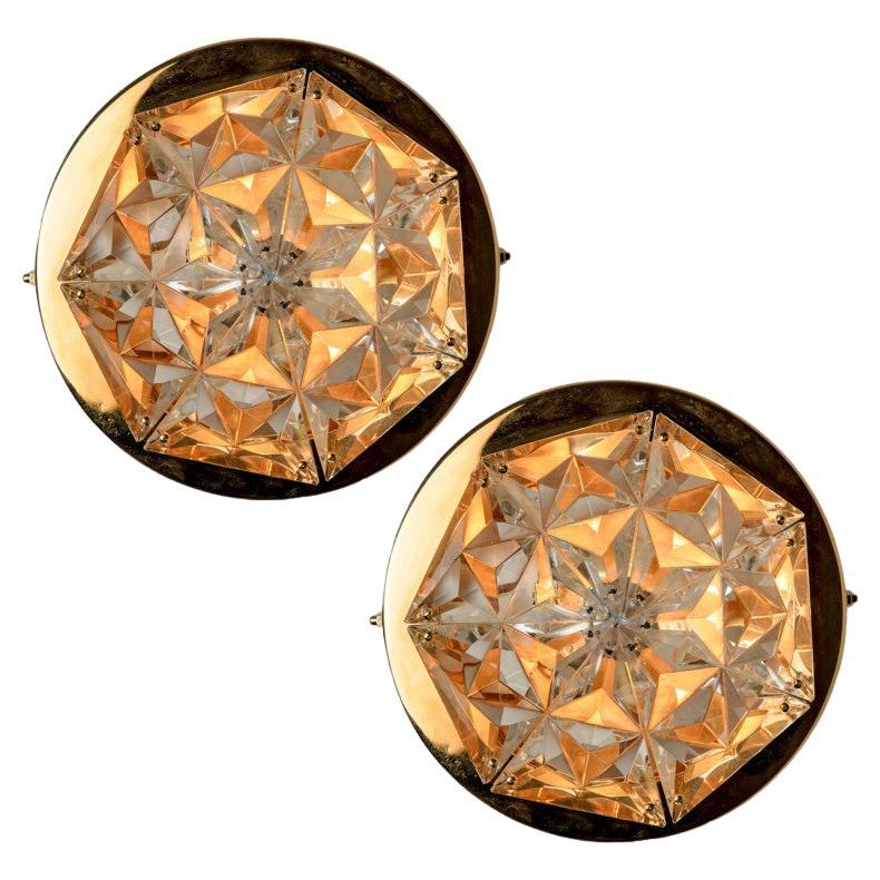 A Pair of Kinkeldey Gold-Plated Crystal Glass Wall light, Germany, 1970s For Sale