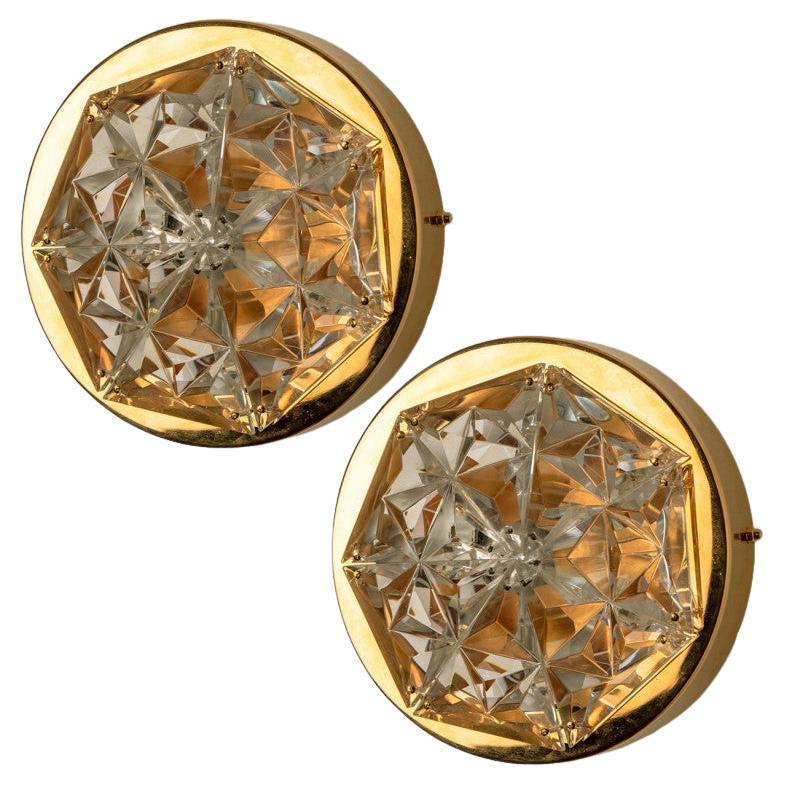 A Pair of Kinkeldey Gold-Plated Crystal Glass Wall light, Germany, 1970s For Sale