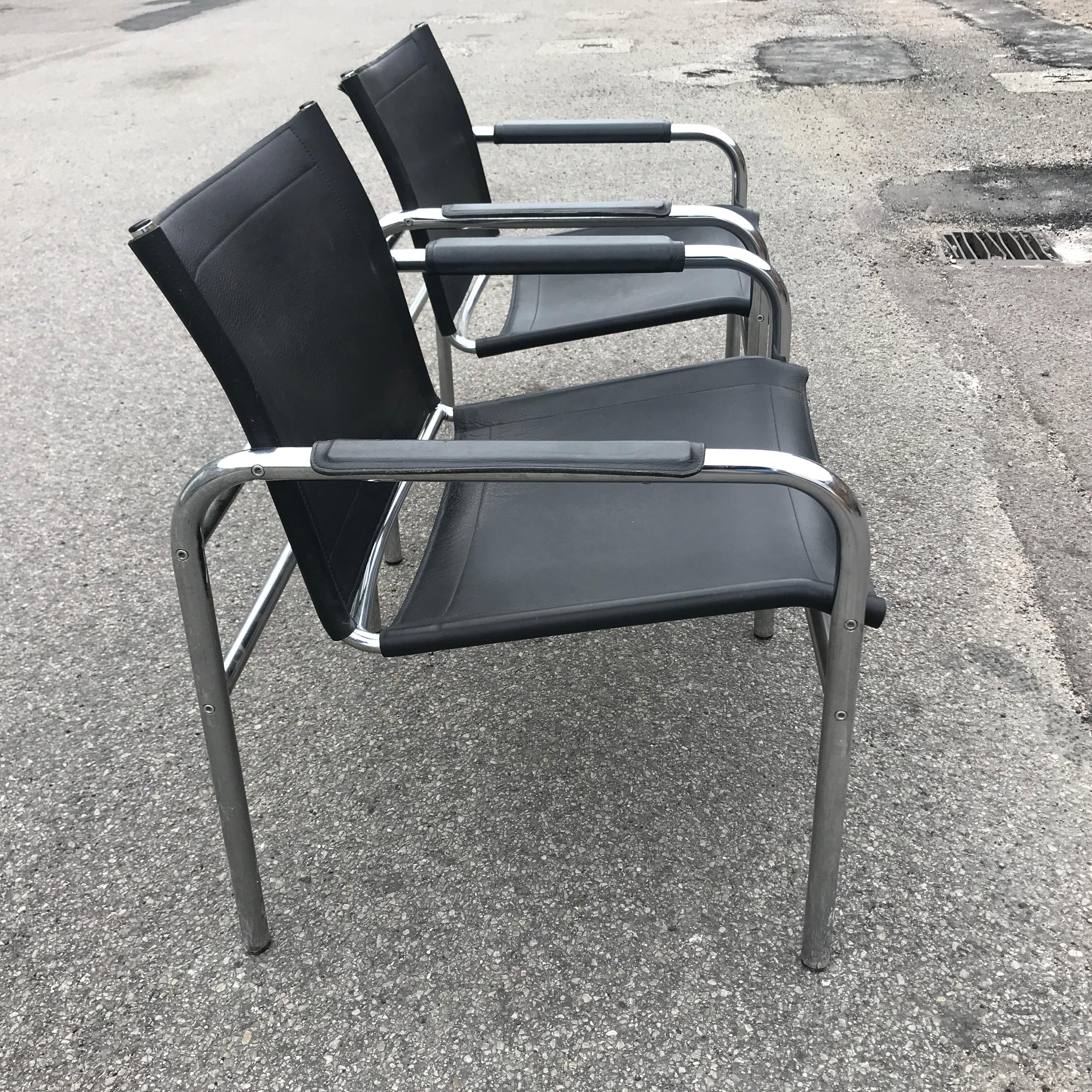 Beautiful pair of armchairs, model Klinte, designed by Tord Bjorklund, Sweden. The chair has a thick leather upholstery and a chrome steel frame. The leather is in excellent vintage condition with
just the right amount of patina.