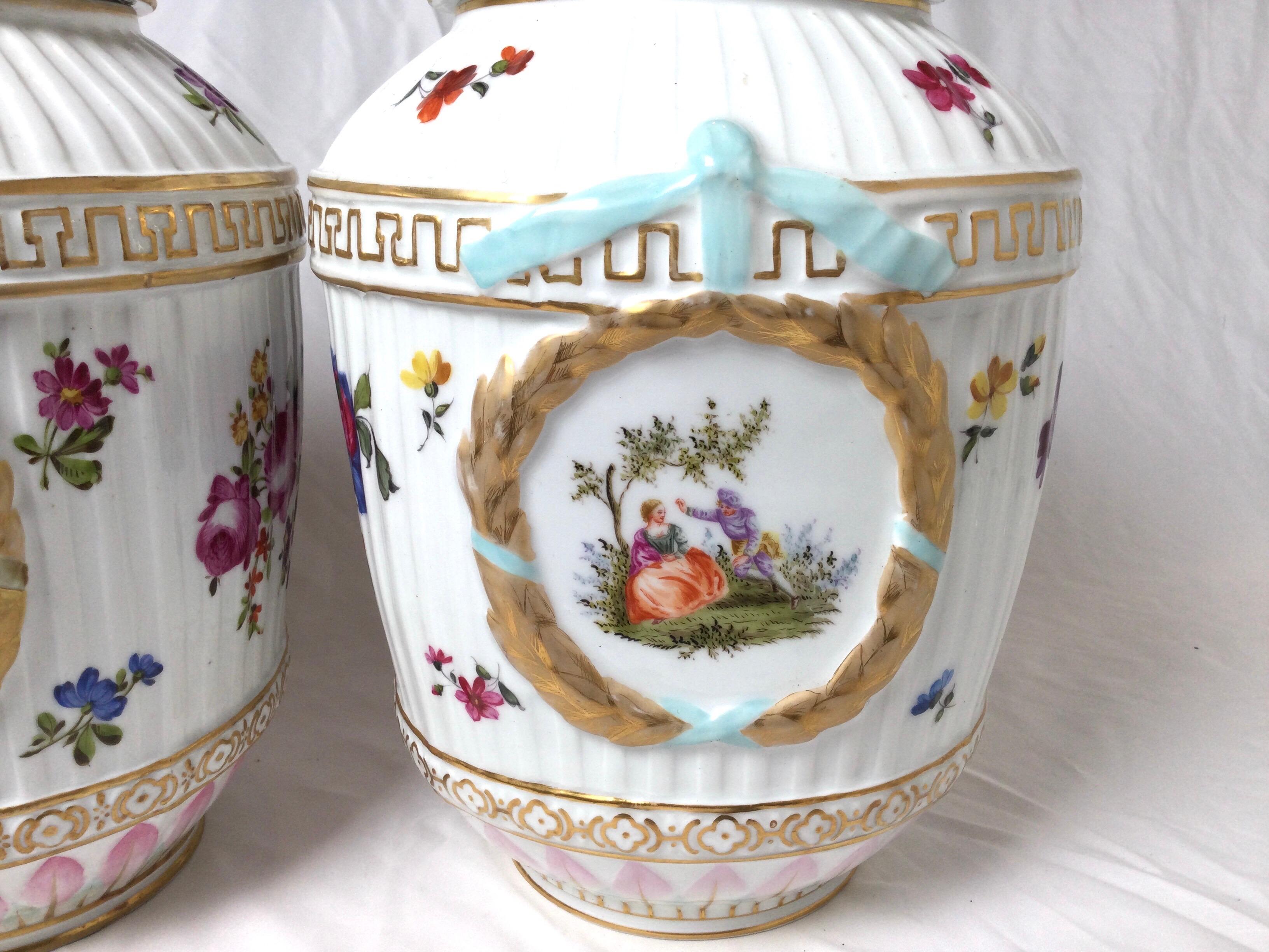 Hand-Painted Pair of KPM Porcelain Covered Jars For Sale