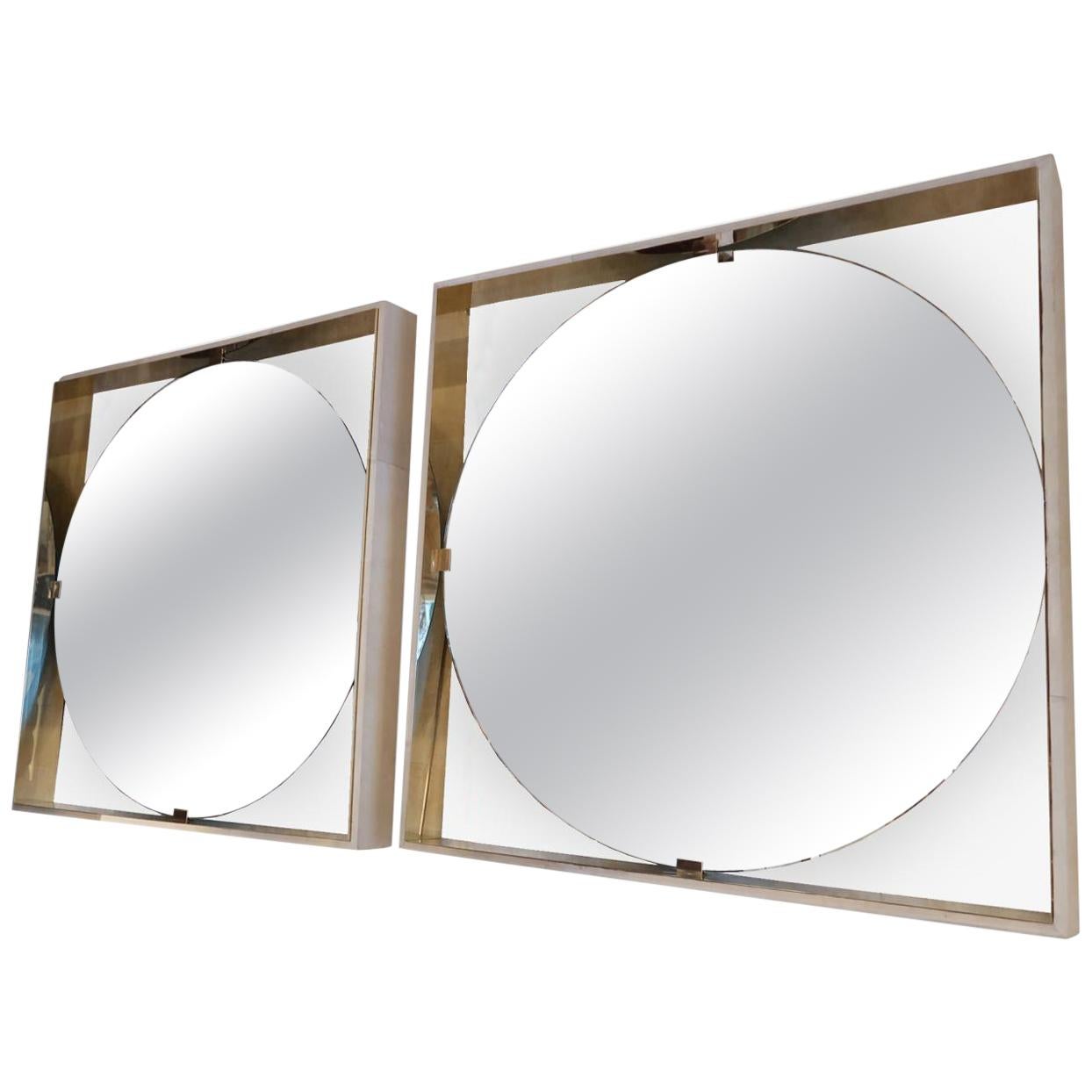 Pair of Lacquered Parchment and Brass Modern Square Wall Mirrors, Italy 2000 For Sale