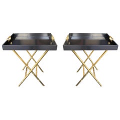 Pair of Lacquered Side Tables with Brass Faux Bamboo Legs and Handles