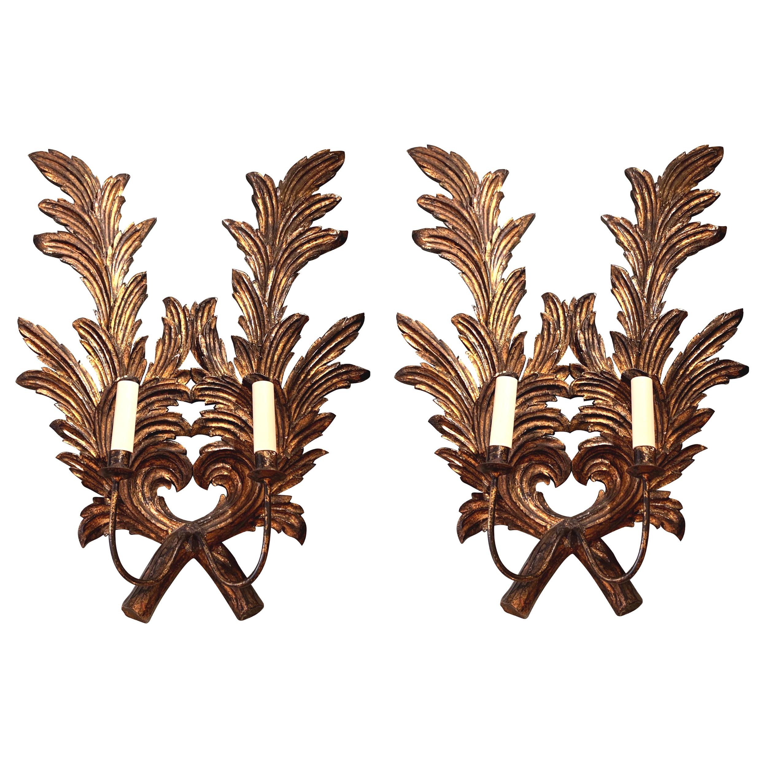 Pair of Large 1940s Italian Carved Giltwood Leaf Sconces with Two Fittings