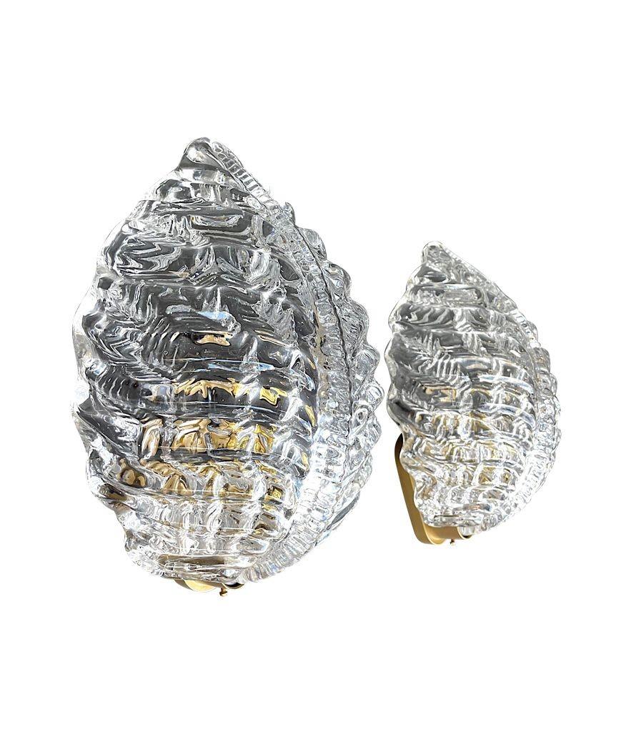 Pair of Large 1940s Orrefors Glass Leaf Wall Sconces by Fritz Kurz with Brass For Sale 5