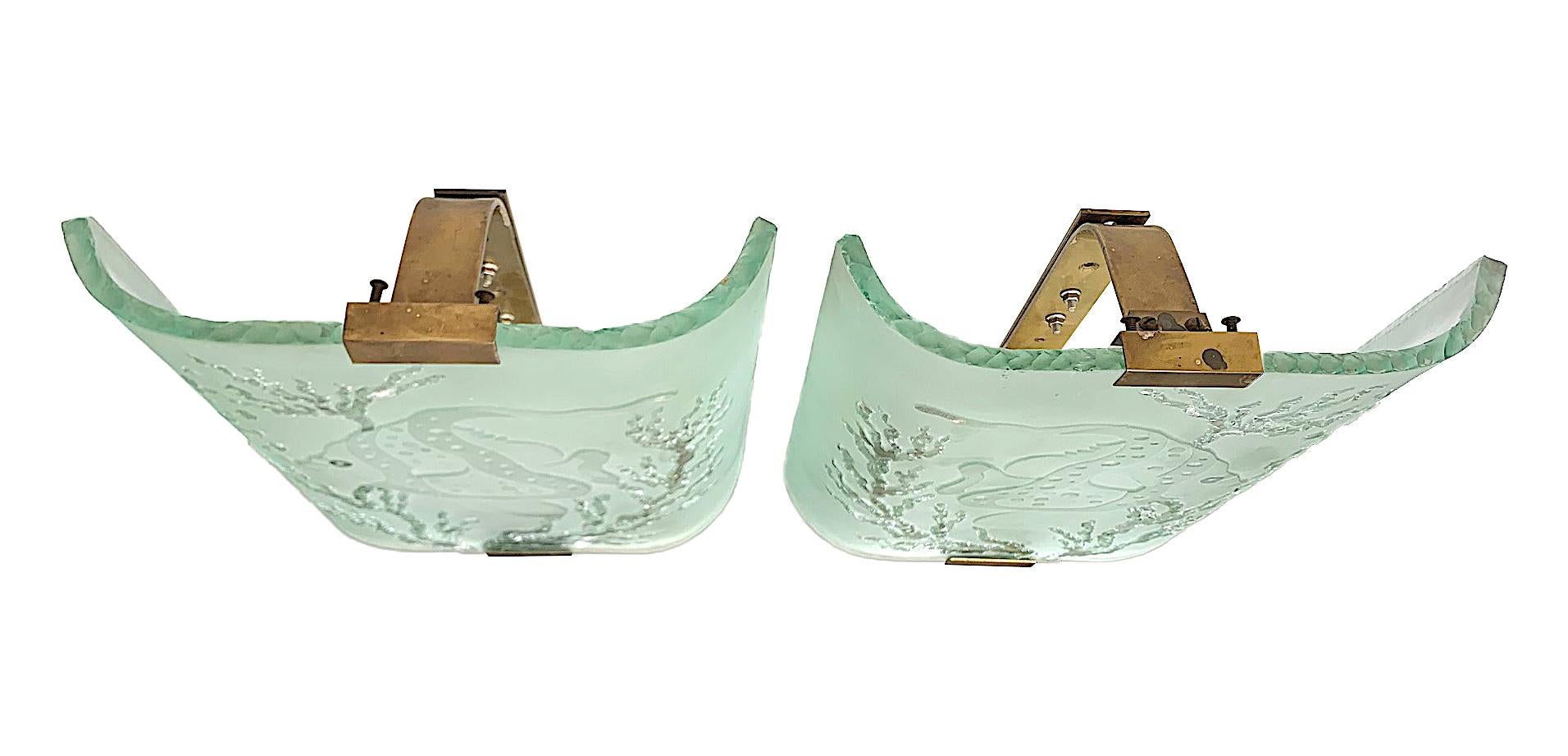 Mid-20th Century Pair of Large 1940s Wall Sconces by Glössner & Co with Underwater Fish Scene