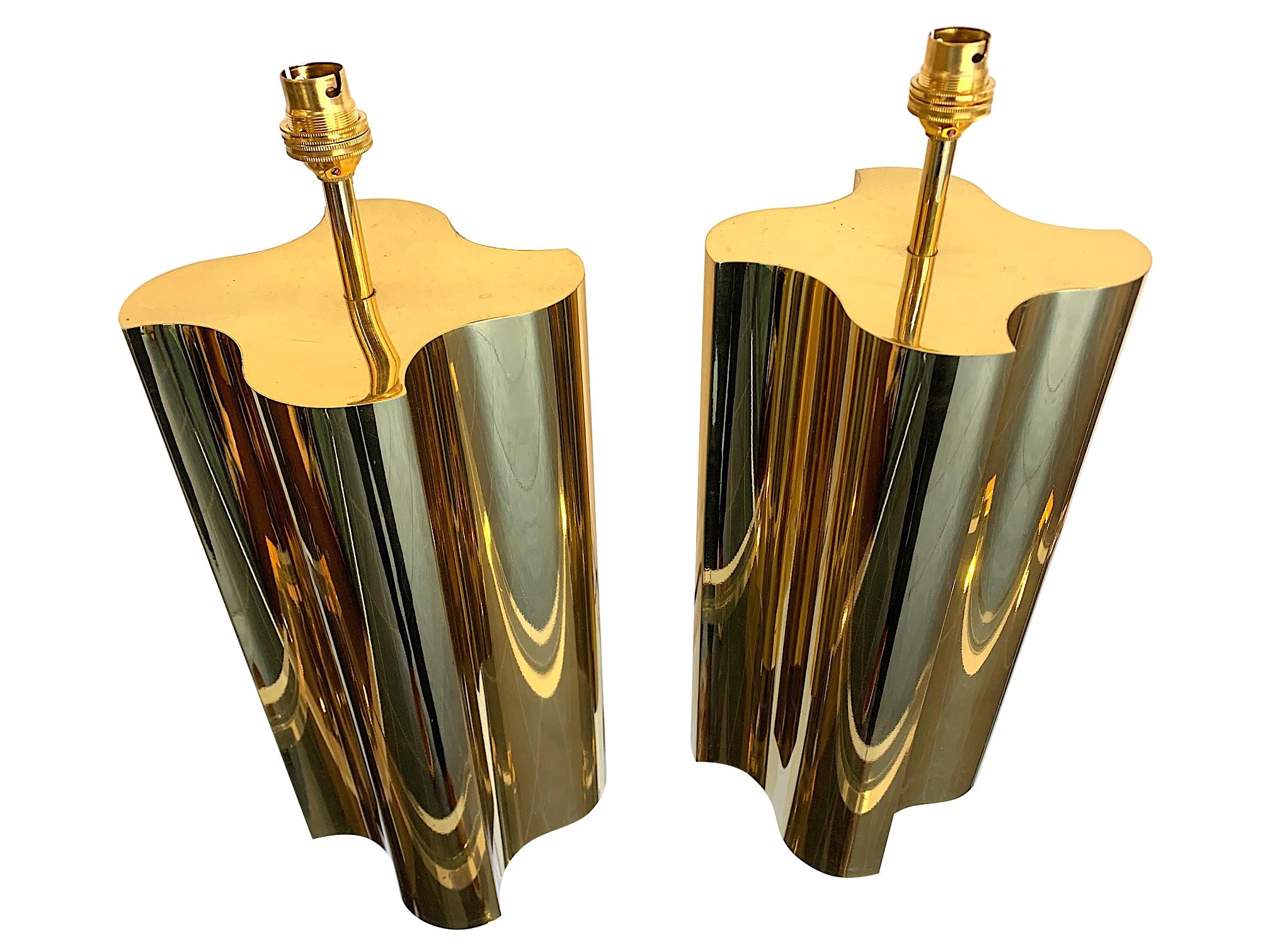 Pair of Large 1970s Brass Lamps with Interesting Curved Corners and New Shades 4