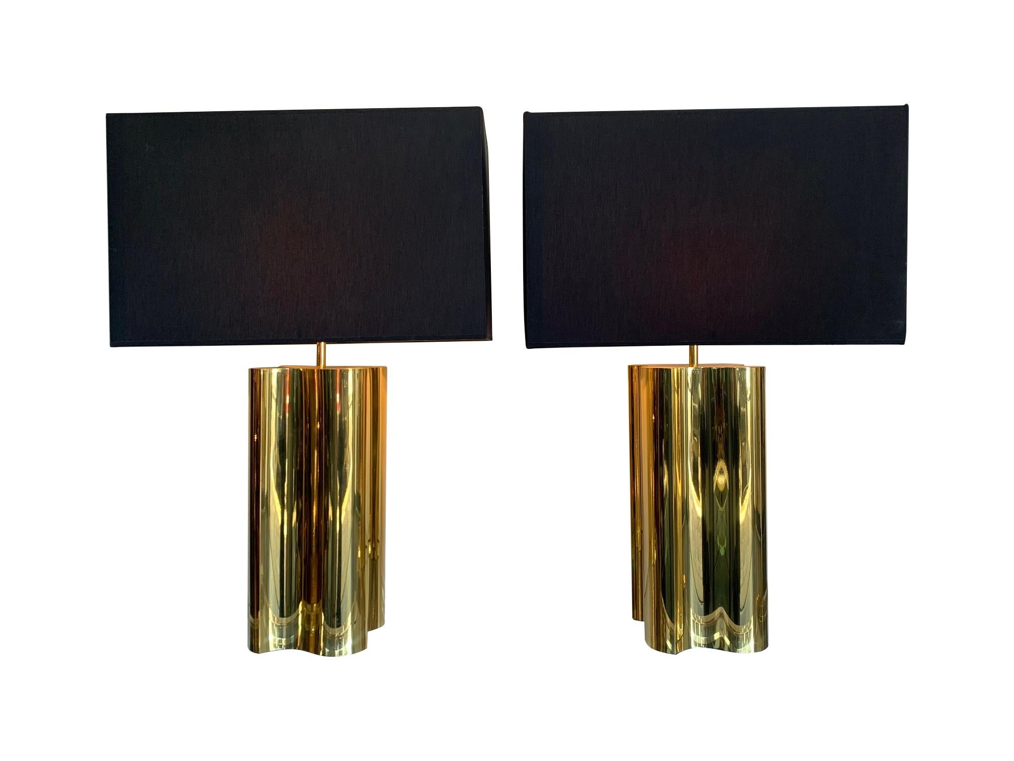 Pair of Large 1970s Brass Lamps with Interesting Curved Corners and New Shades 6