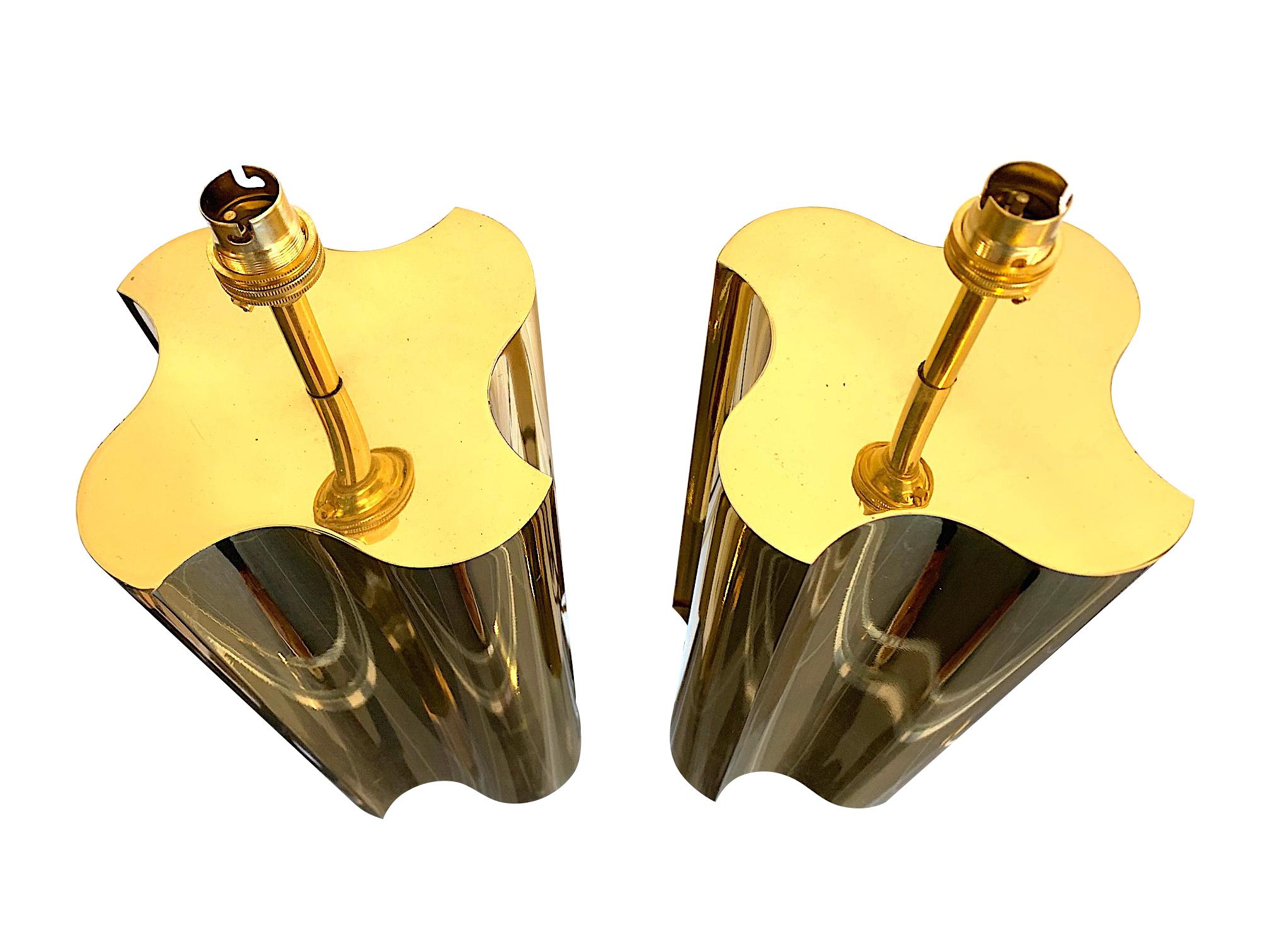 Mid-Century Modern Pair of Large 1970s Brass Lamps with Interesting Curved Corners and New Shades