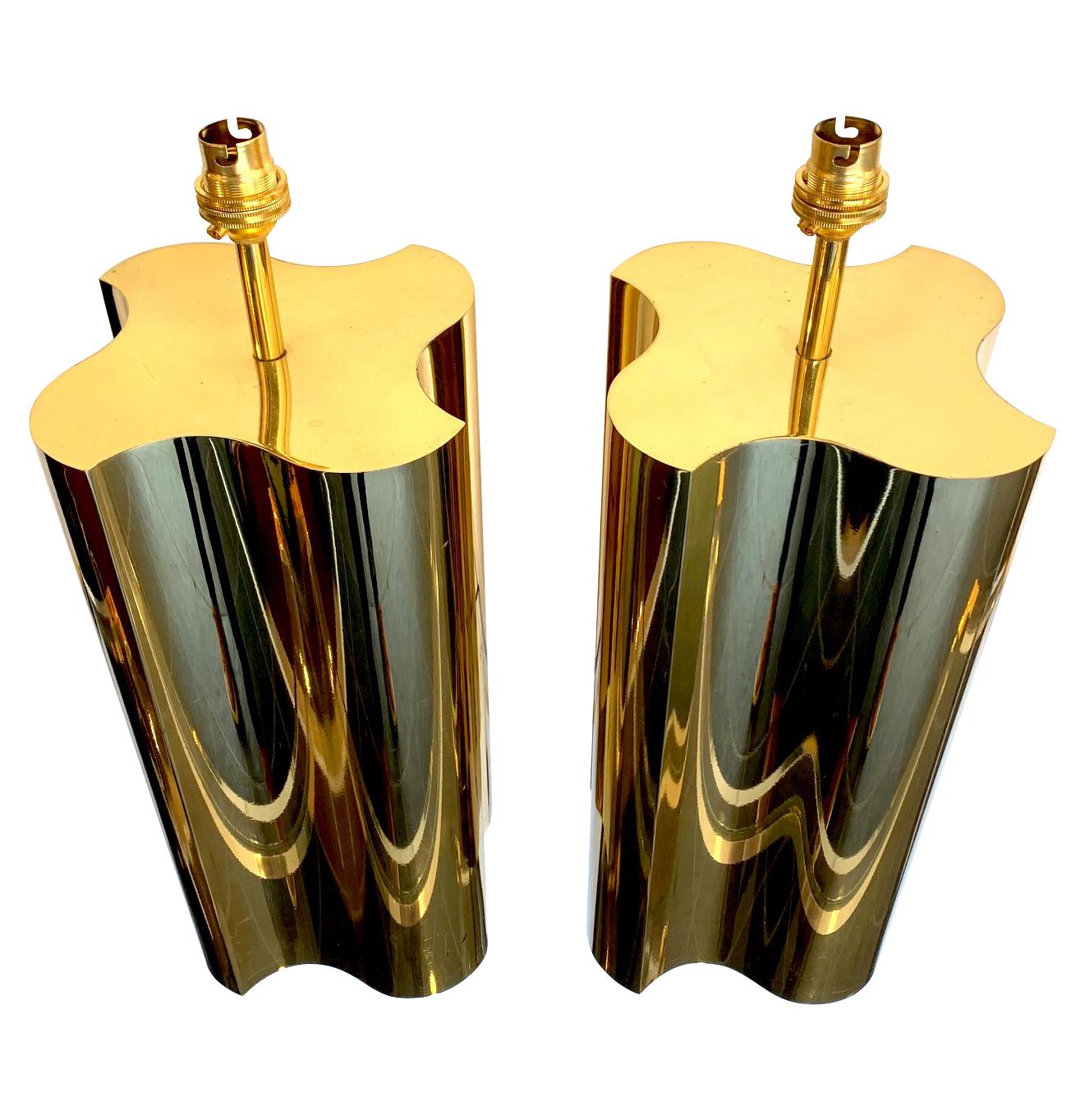 Italian Pair of Large 1970s Brass Lamps with Interesting Curved Corners and New Shades