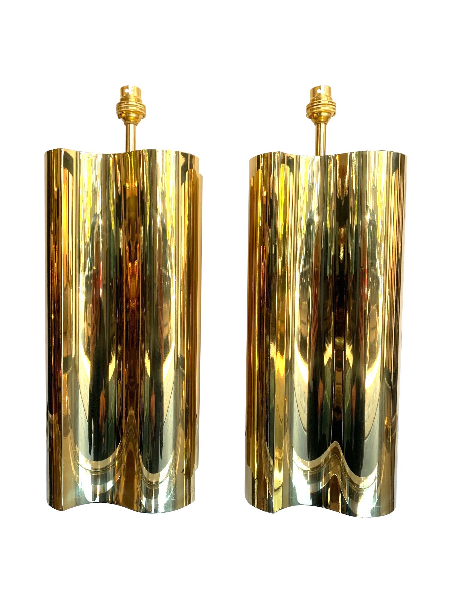 Pair of Large 1970s Brass Lamps with Interesting Curved Corners and New Shades In Good Condition In London, GB