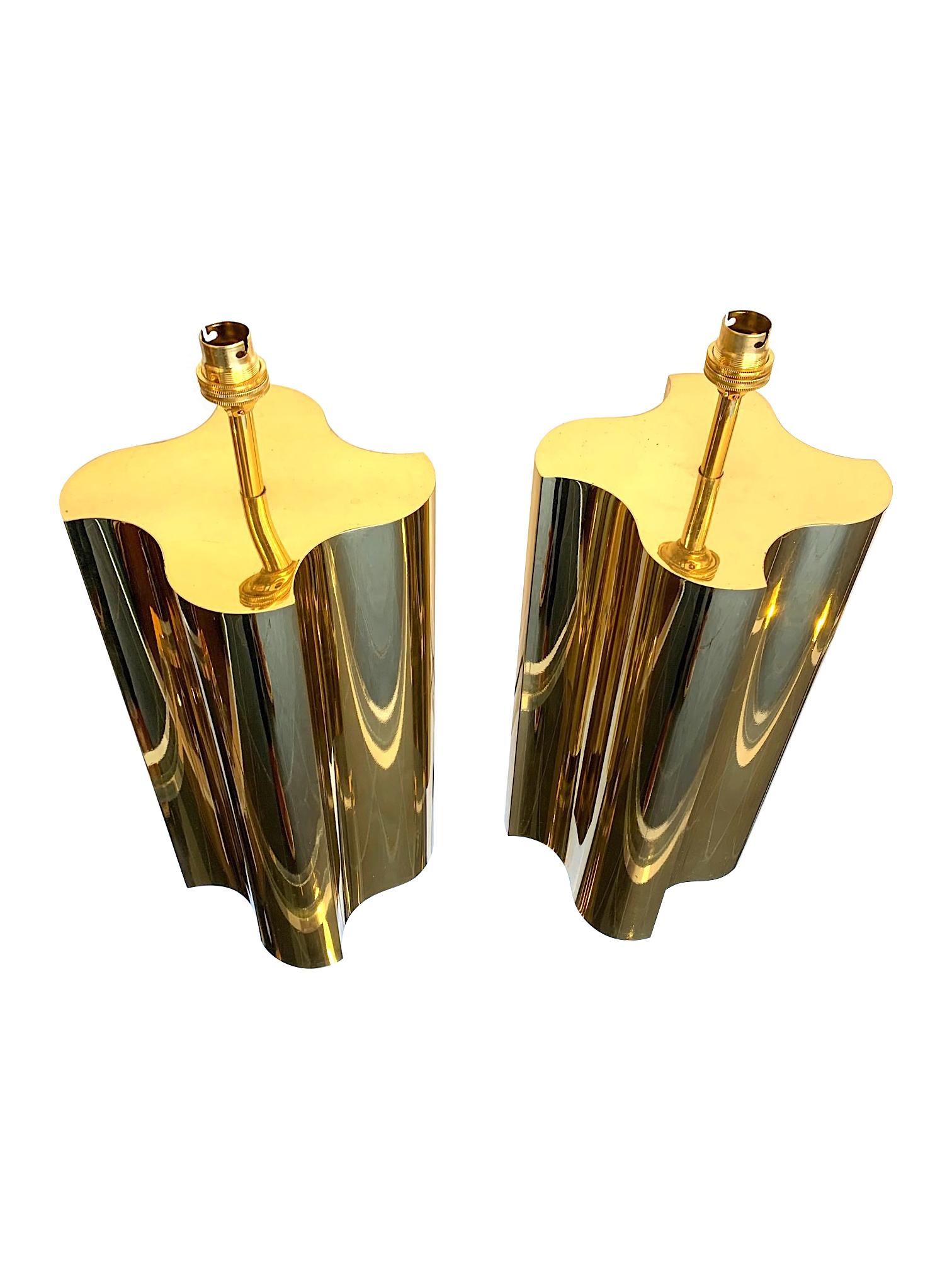 Late 20th Century Pair of Large 1970s Brass Lamps with Interesting Curved Corners and New Shades