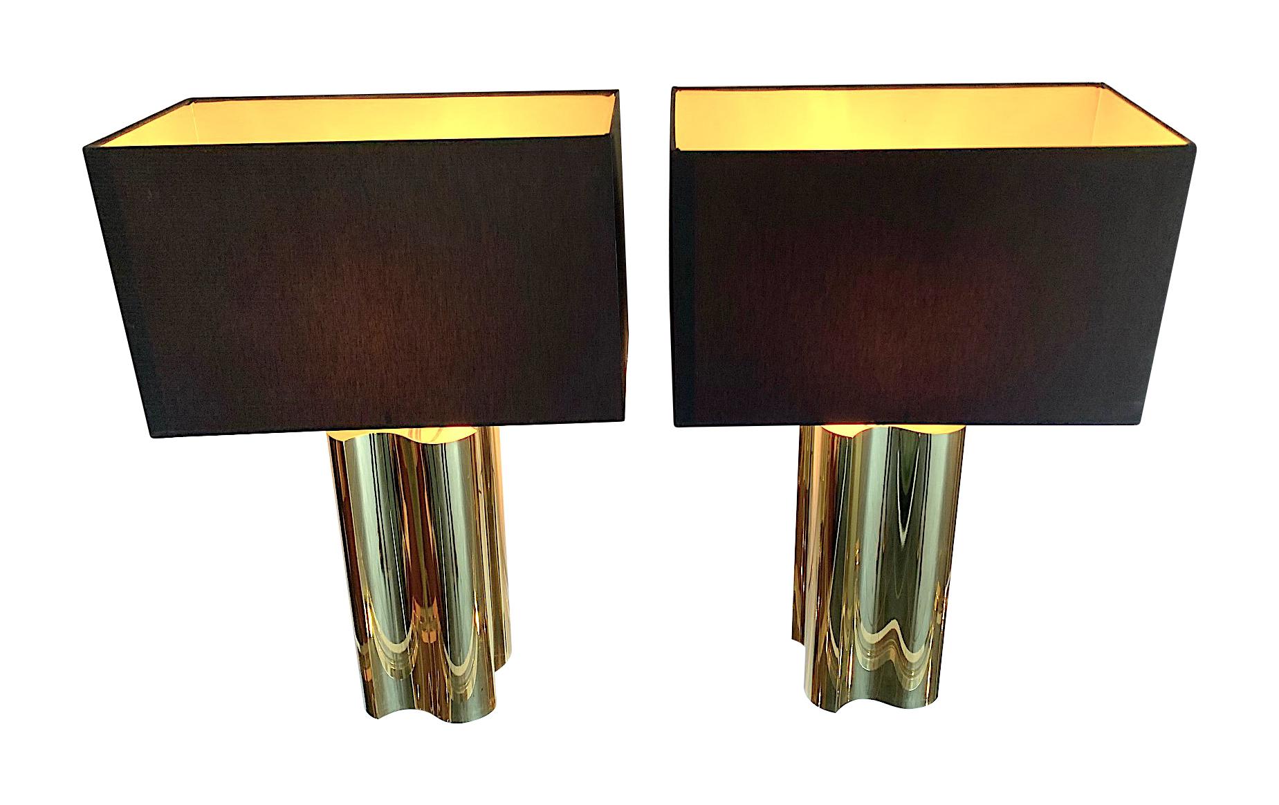 Pair of Large 1970s Brass Lamps with Interesting Curved Corners and New Shades 2