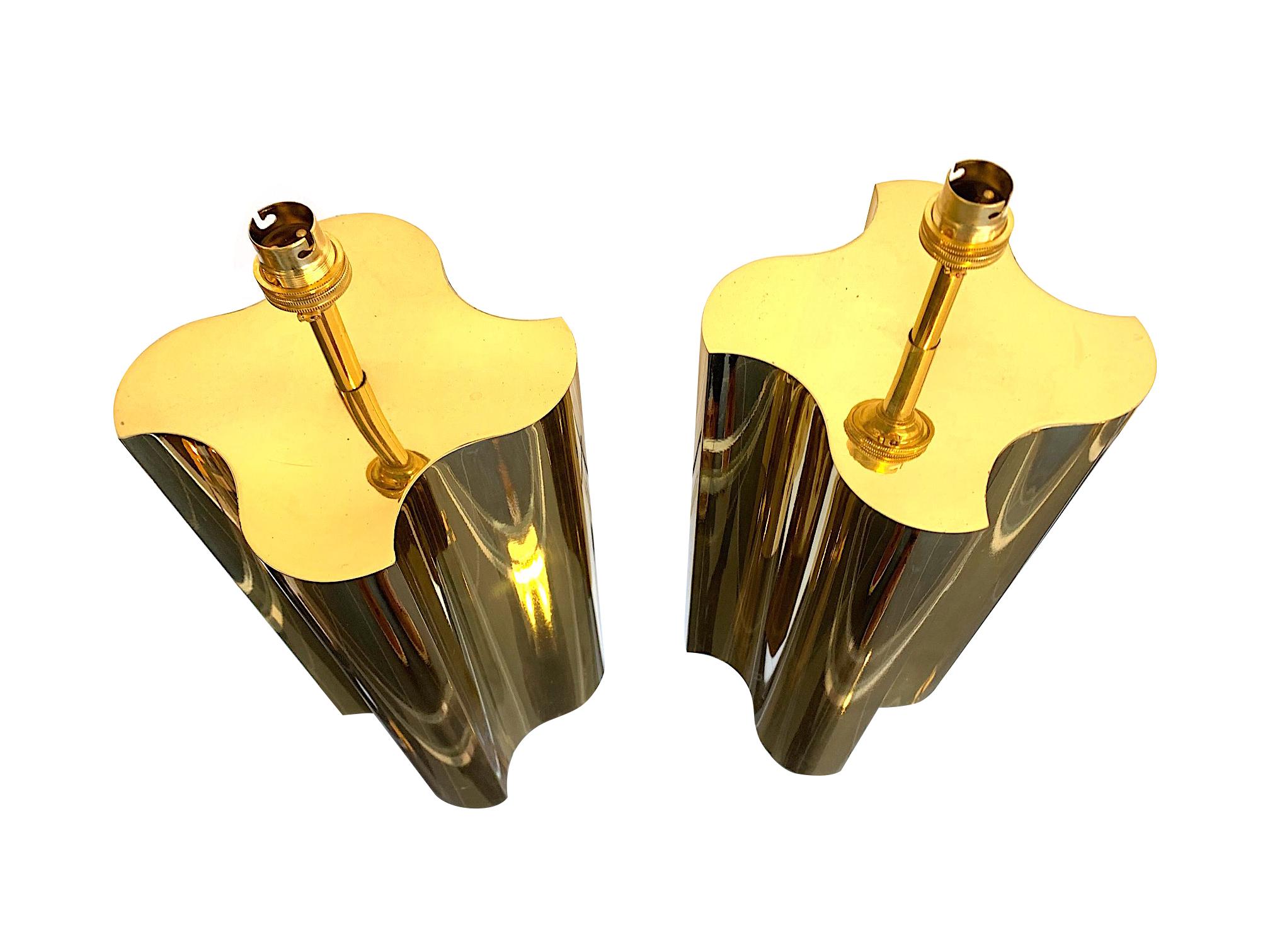 Pair of Large 1970s Brass Lamps with Interesting Curved Corners and New Shades 3