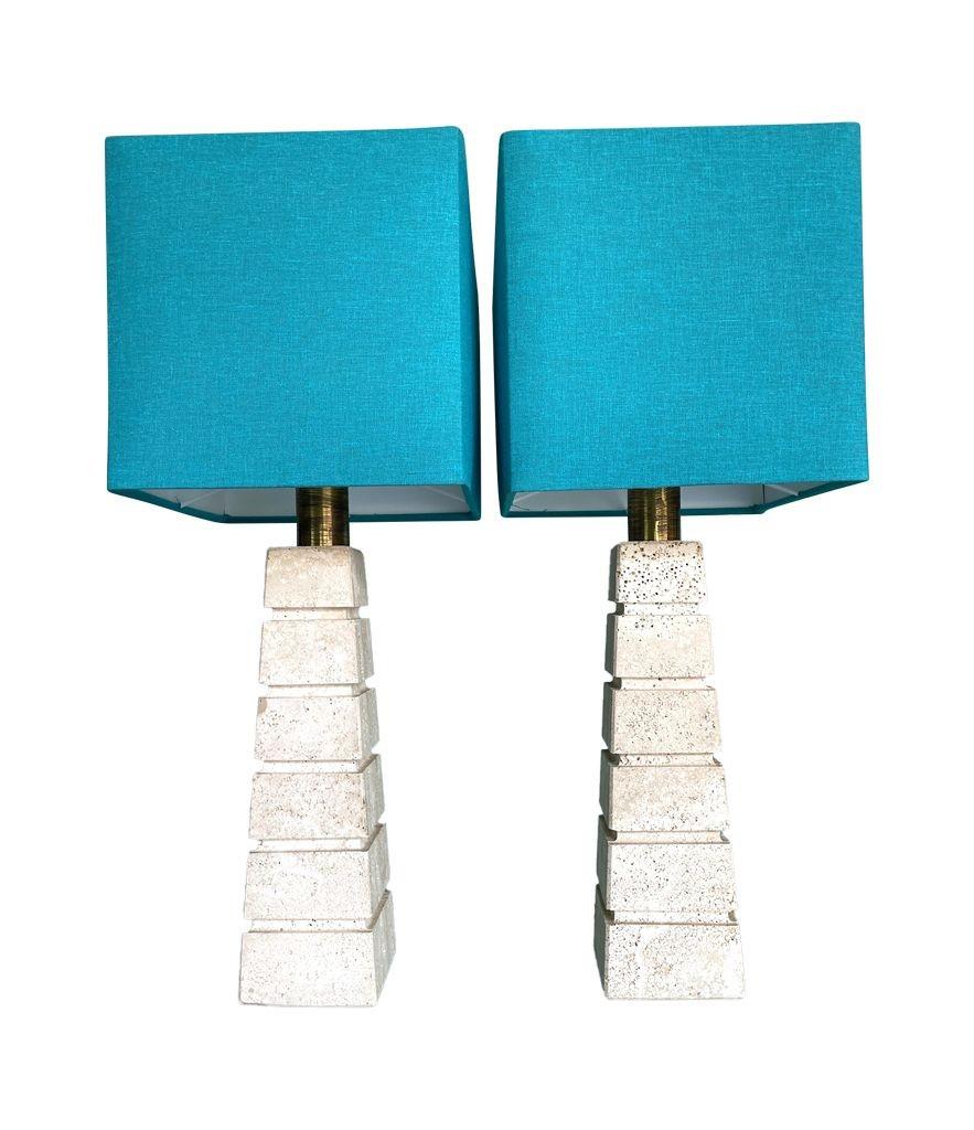 A pair of large 1970s Italian groove travertine lamps with brass fittings For Sale 7