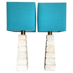 Vintage A pair of large 1970s Italian groove travertine lamps with brass fittings