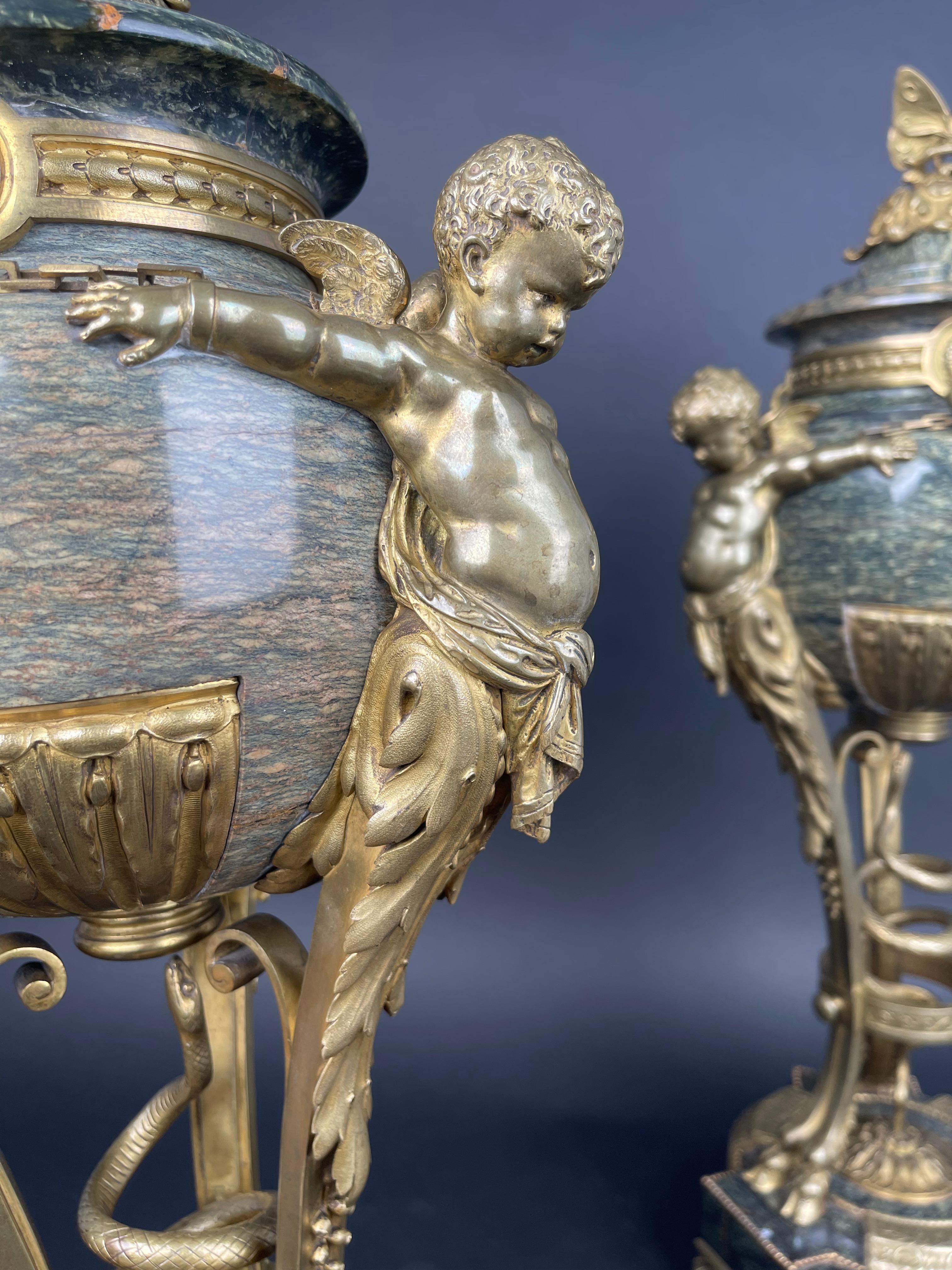 A Pair Of Large 19th century French Ormolu Mounted Obsidian Urns For Sale 3