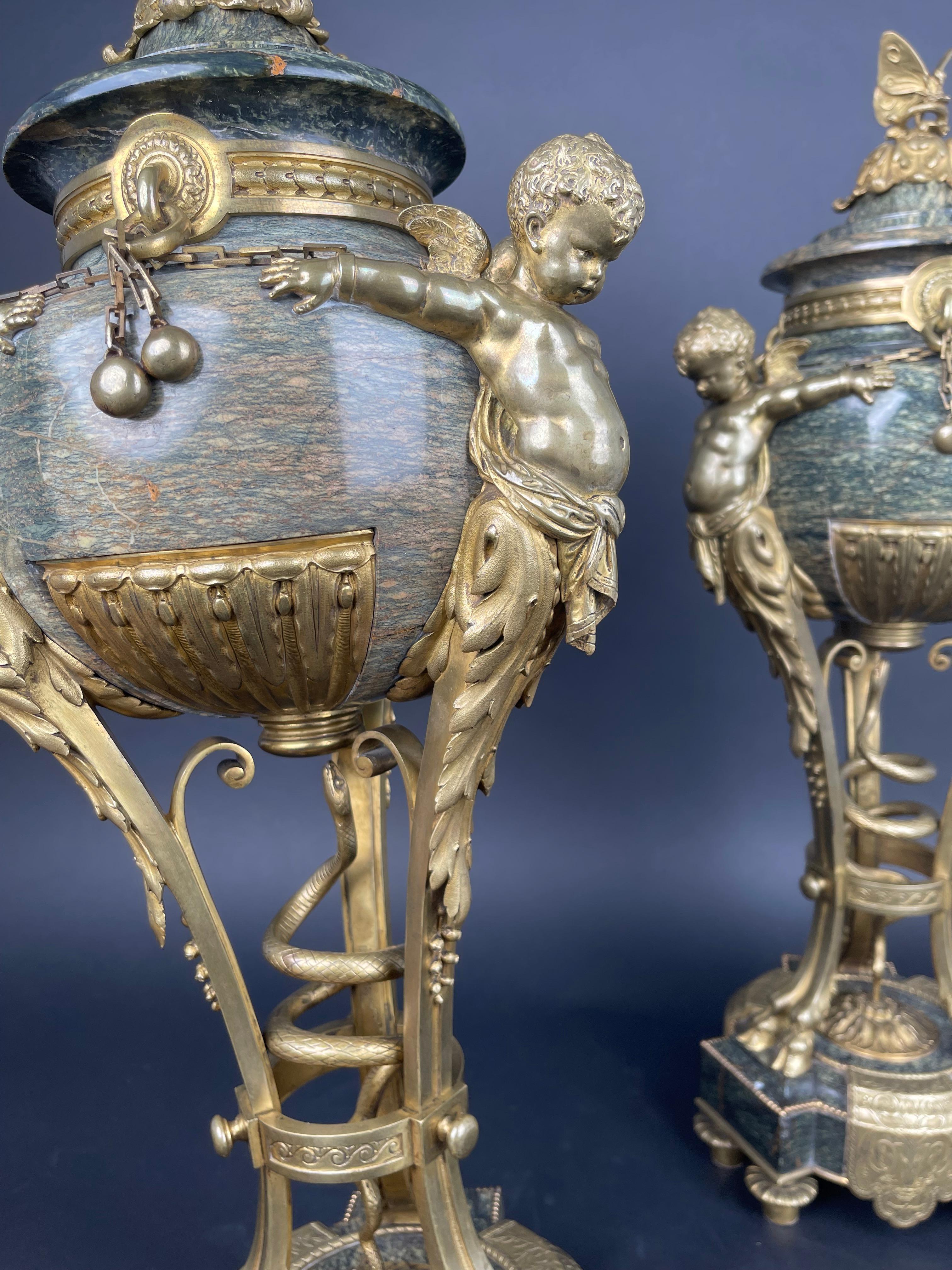 A Pair Of Large 19th century French Ormolu Mounted Obsidian Urns For Sale 2