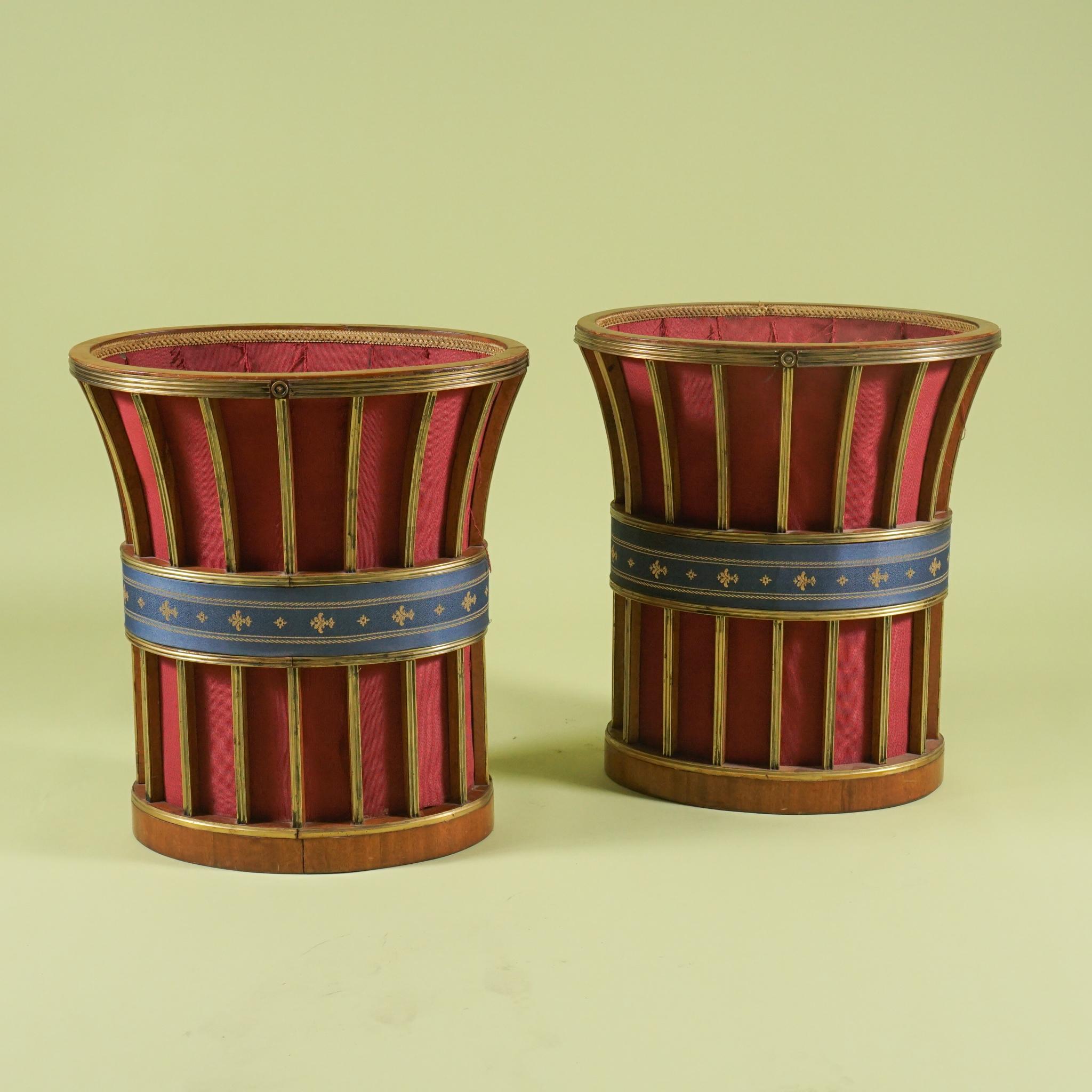 Baltic Pair of Large 19th Century Russian Neoclassic Brass Decorated Mahogany Baskets For Sale
