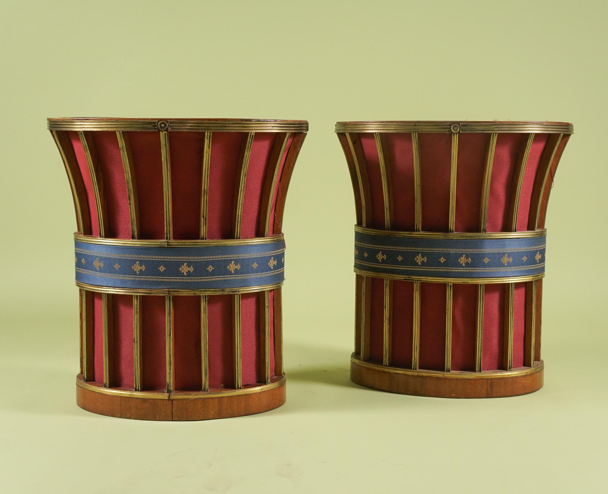 Inlay Pair of Large 19th Century Russian Neoclassic Brass Decorated Mahogany Baskets For Sale