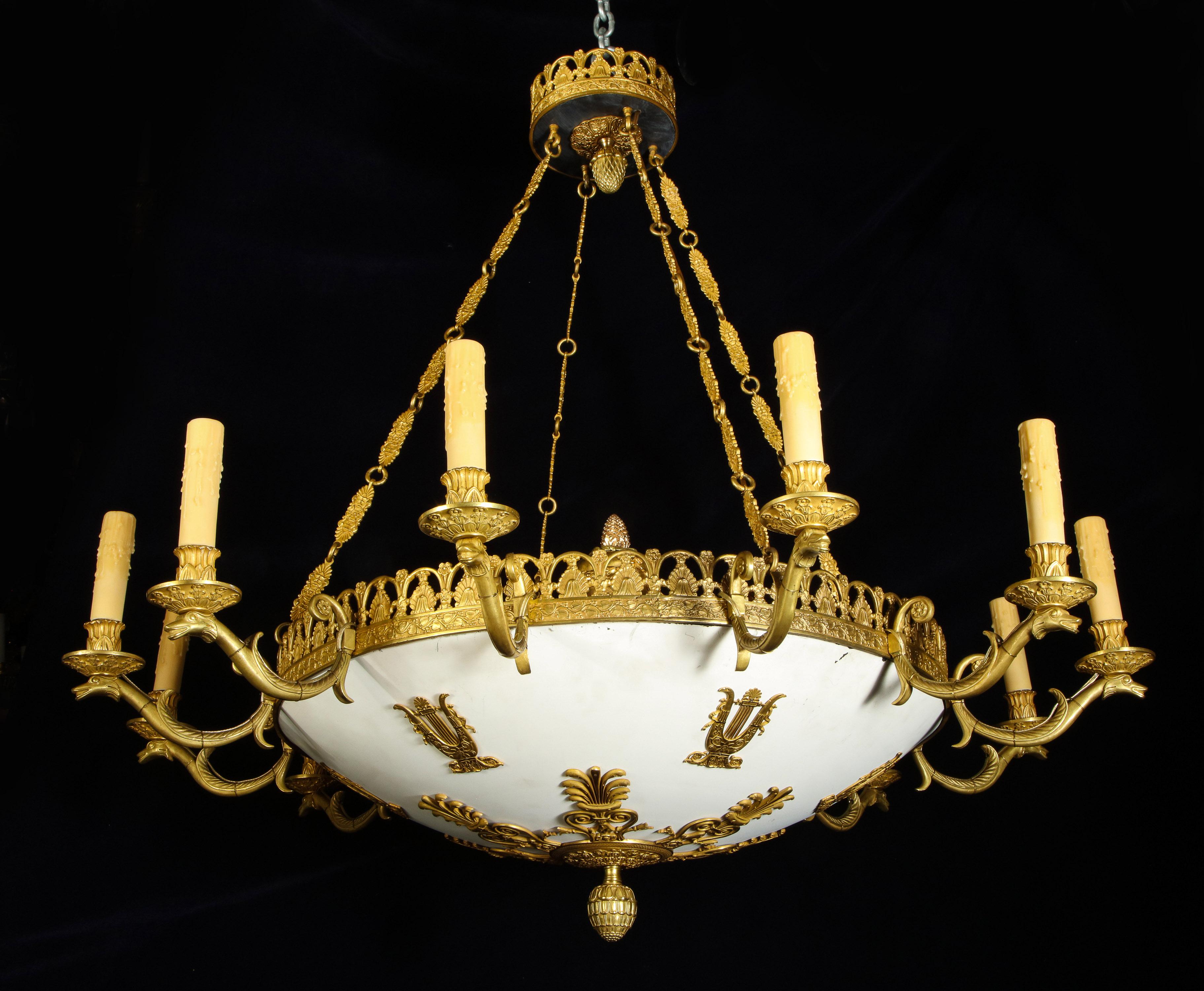 Pair of Large and Important Antique French Empire Gilt Bronze Chandeliers For Sale 7