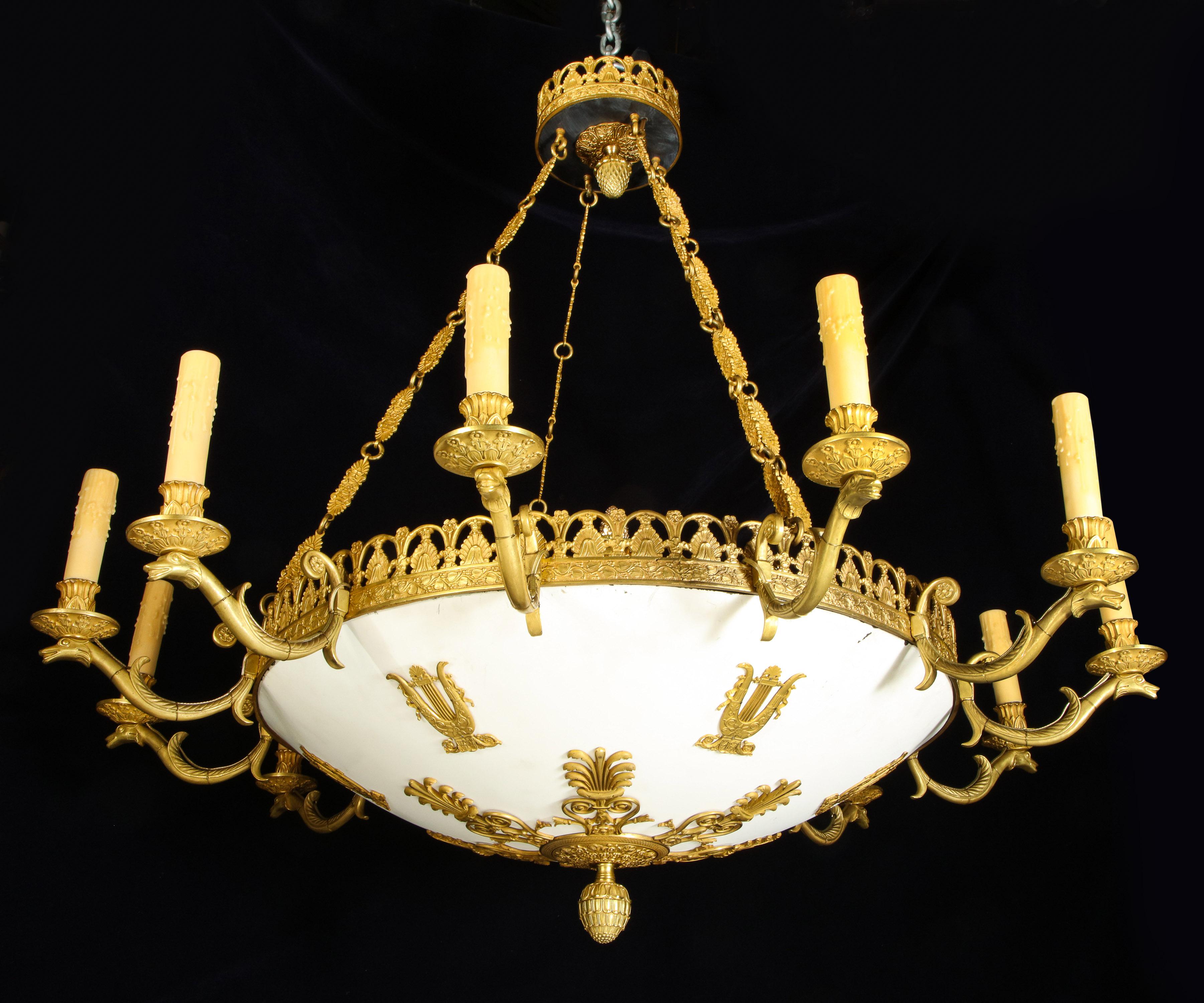 Pair of Large and Important Antique French Empire Gilt Bronze Chandeliers For Sale 9