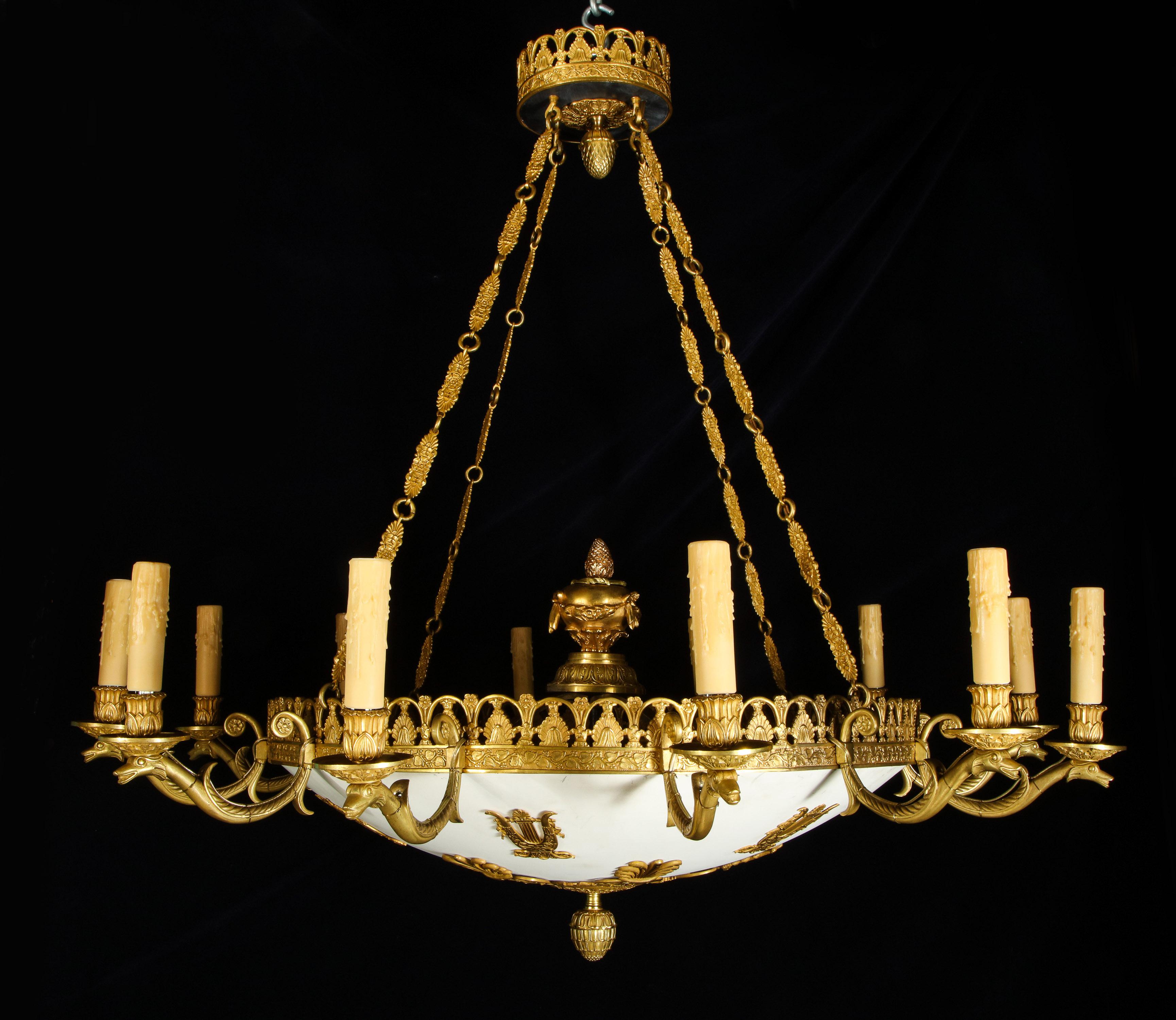 Pair of Large and Important Antique French Empire Gilt Bronze Chandeliers For Sale 12