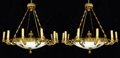 Pair of Large and Important Antique French Empire Gilt Bronze Chandeliers