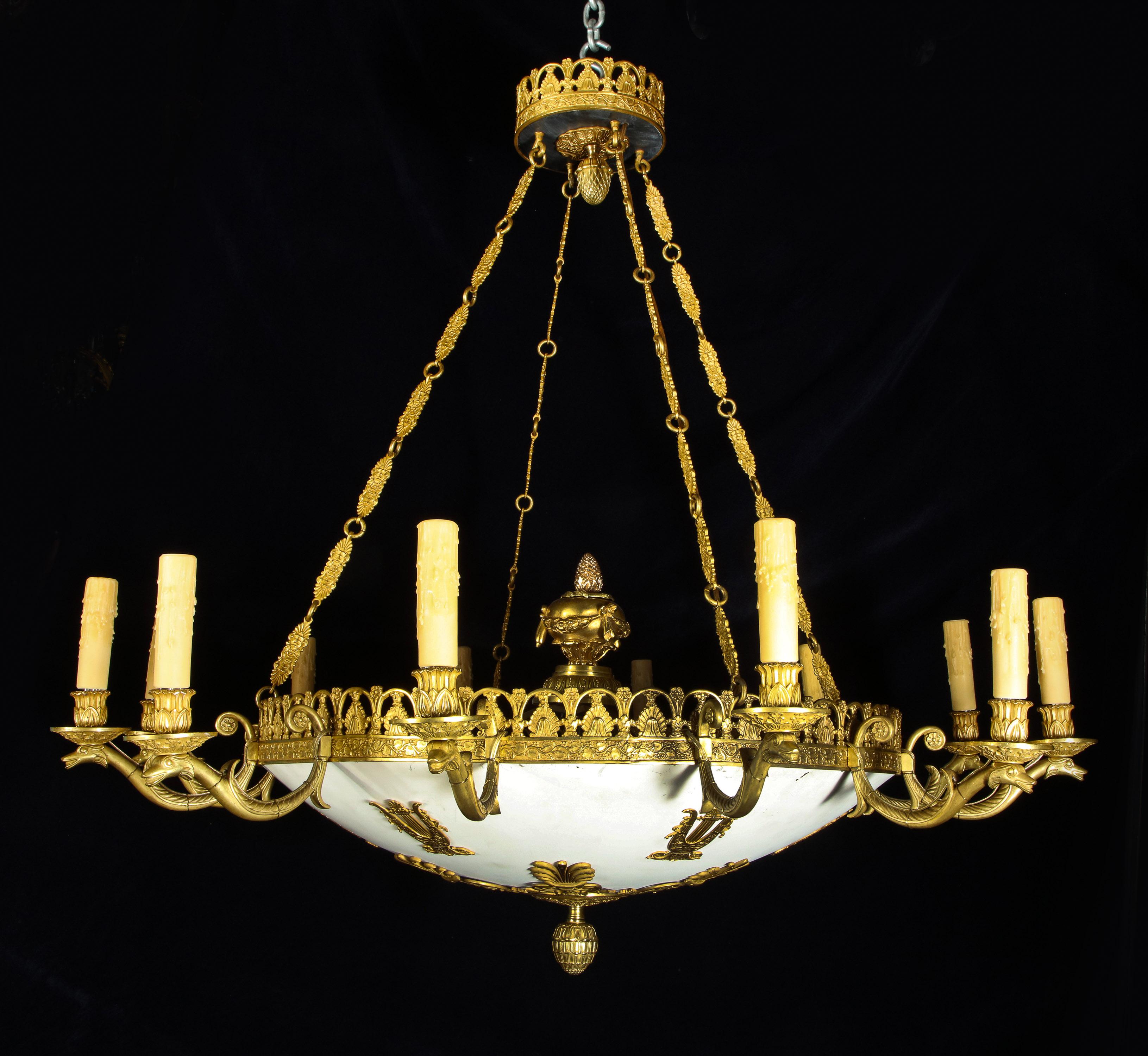 Pair of Large and Important Antique French Empire Gilt Bronze Chandeliers In Good Condition For Sale In New York, NY