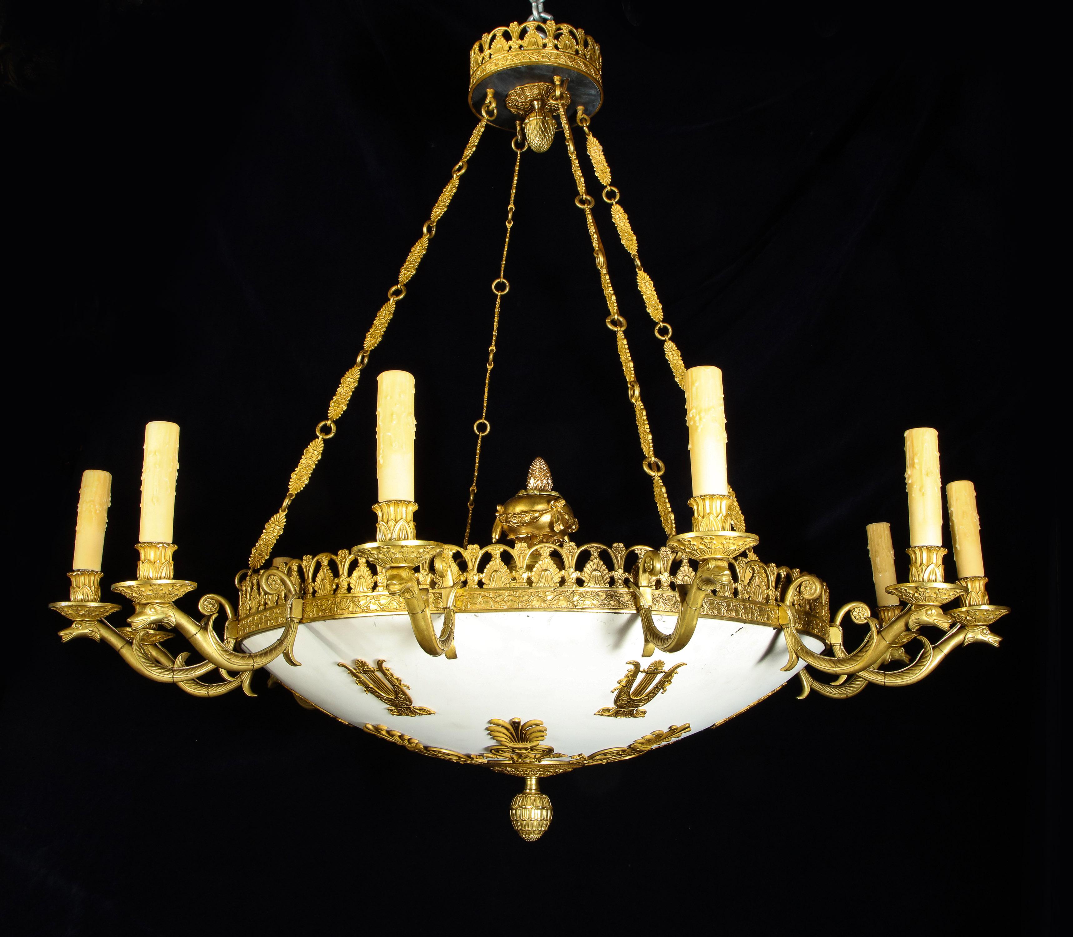 Pair of Large and Important Antique French Empire Gilt Bronze Chandeliers For Sale 1