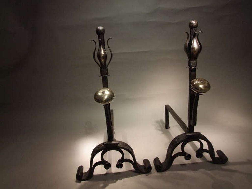 English A Pair of Large and Substantial Wrought Iron Tulip Andirons For Sale