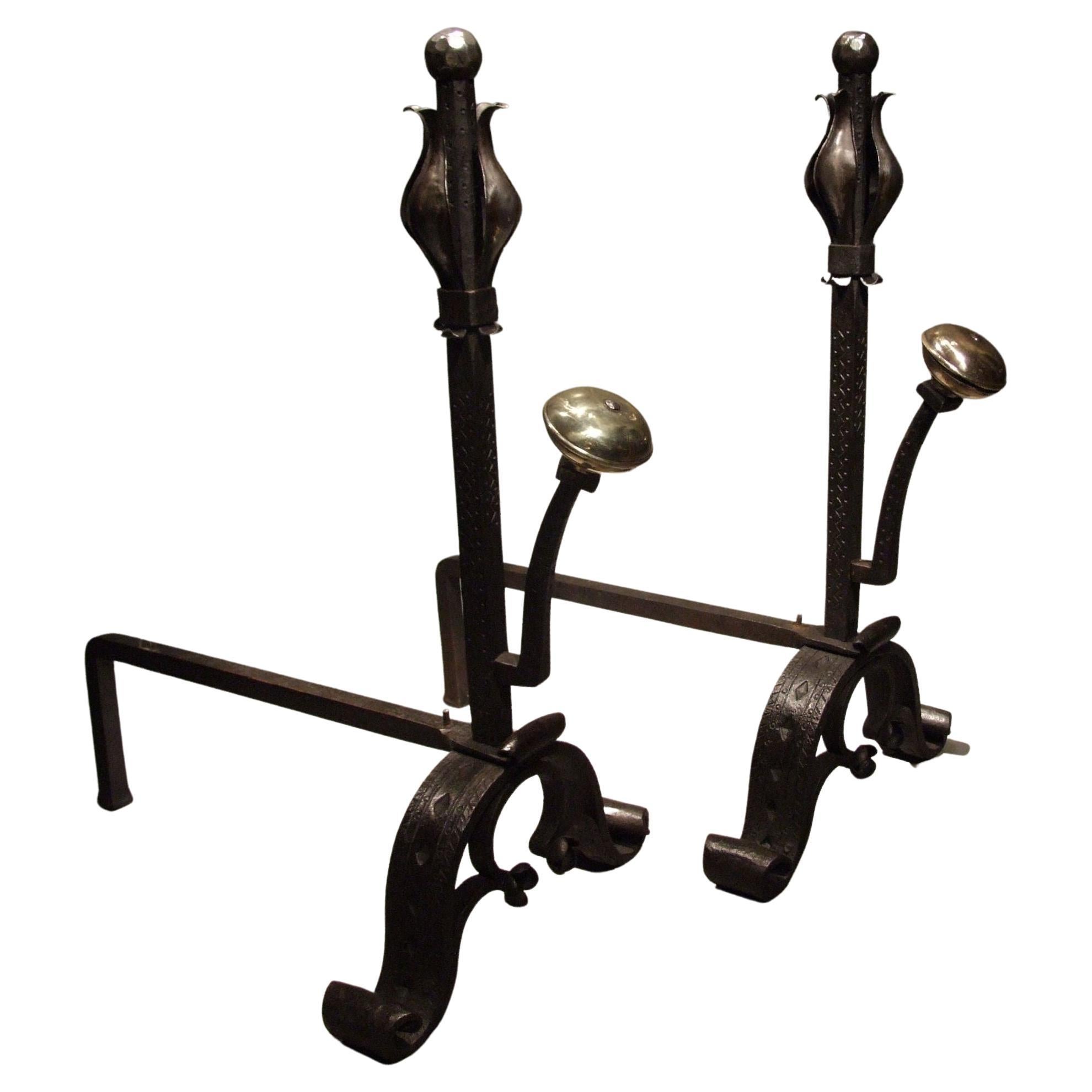 A Pair of Large and Substantial Wrought Iron Tulip Andirons For Sale
