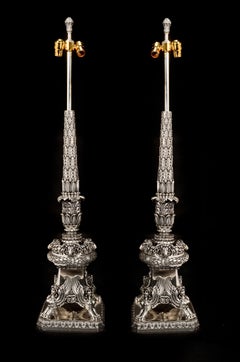 A Pair of Large Antique French Empire Neoclassical Silvered Bronze Figural Lamps
