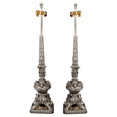 A Pair of Large Antique French Empire Neoclassical Silvered Bronze Figural Lamps