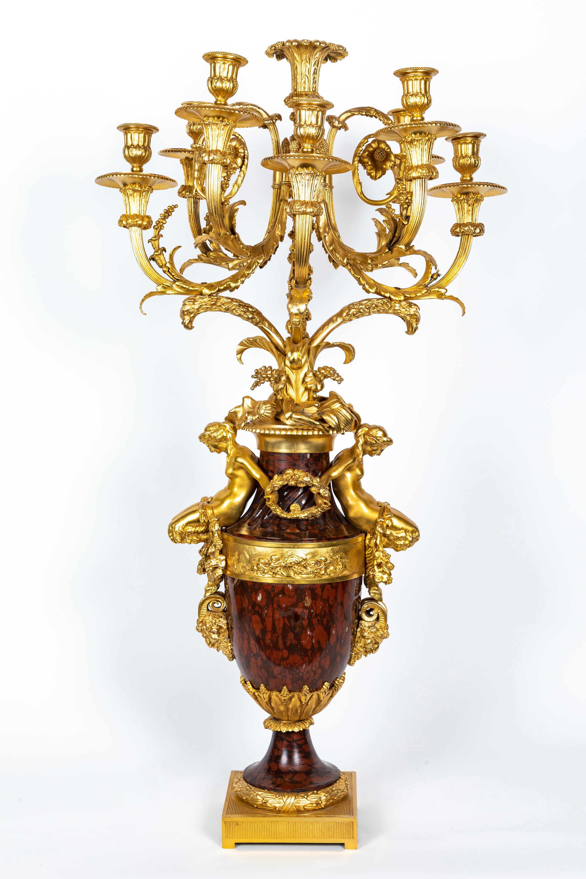 A Pair of Large Antique French Louis XVI Gilt Bronze and Marble Candelabras In Good Condition For Sale In New York, NY