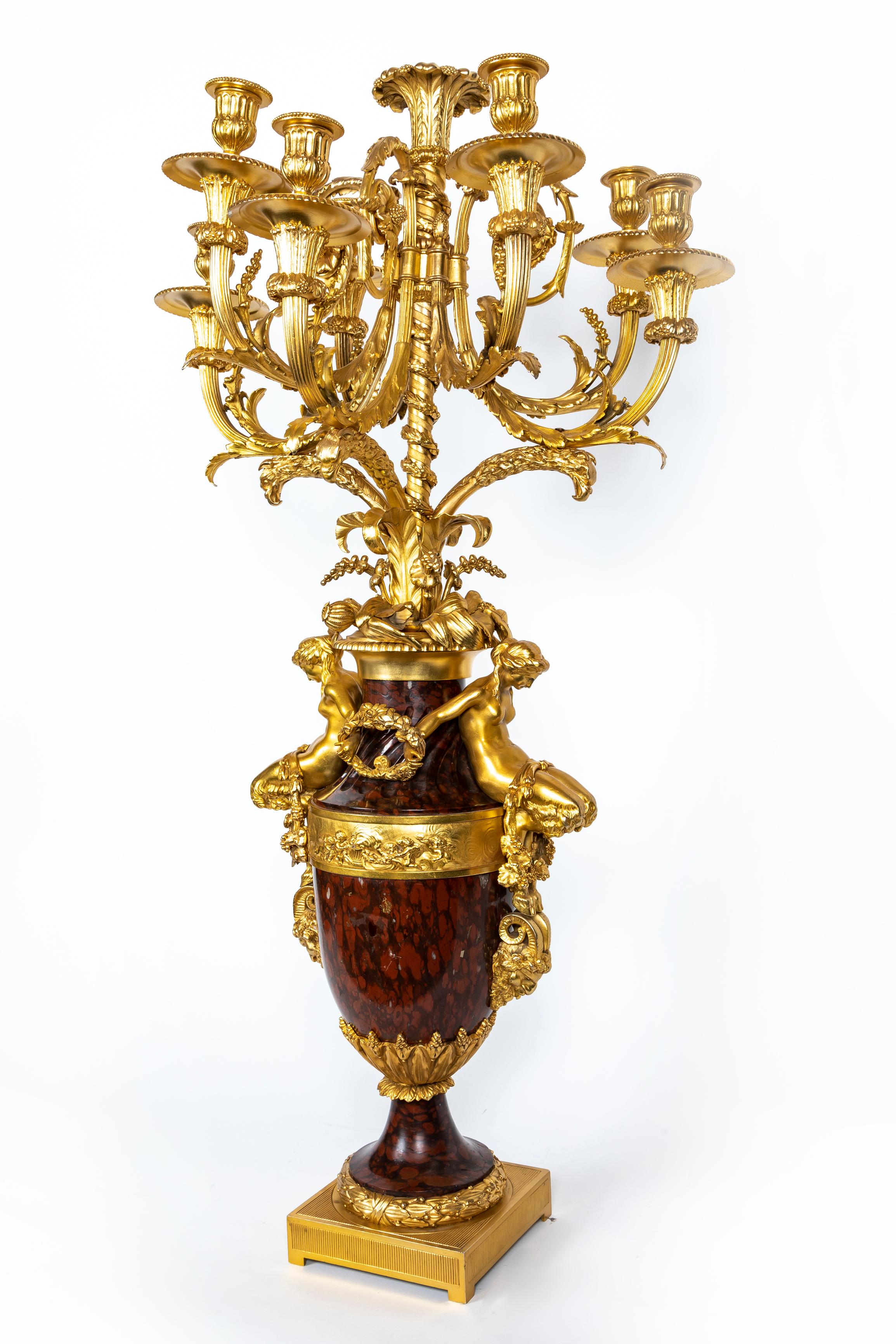 19th Century A Pair of Large Antique French Louis XVI Gilt Bronze and Marble Candelabras For Sale