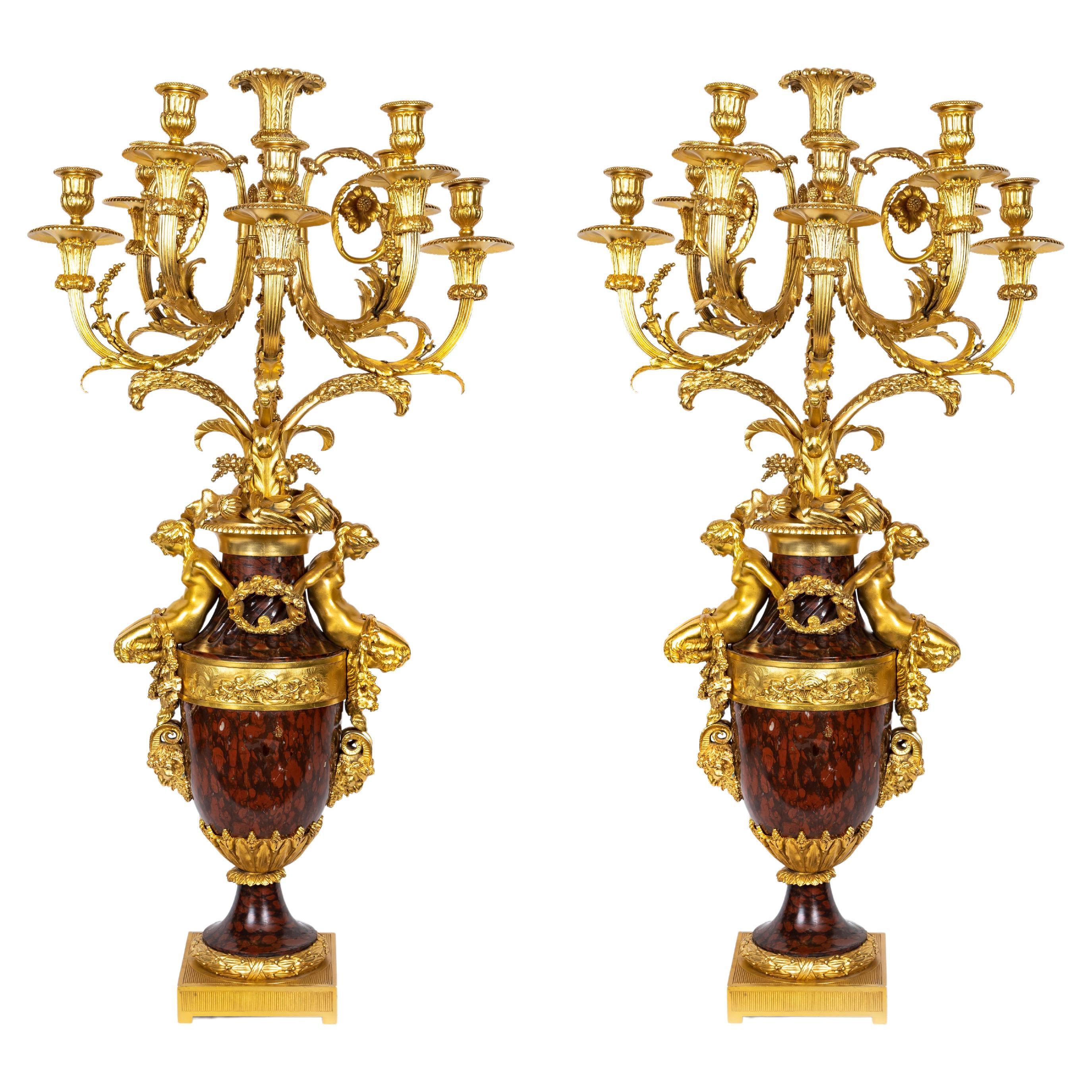 Paire de grands candélabres français anciens Louis XVI en bronze doré et marbre