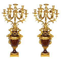 Paire de grands candélabres français anciens Louis XVI en bronze doré et marbre
