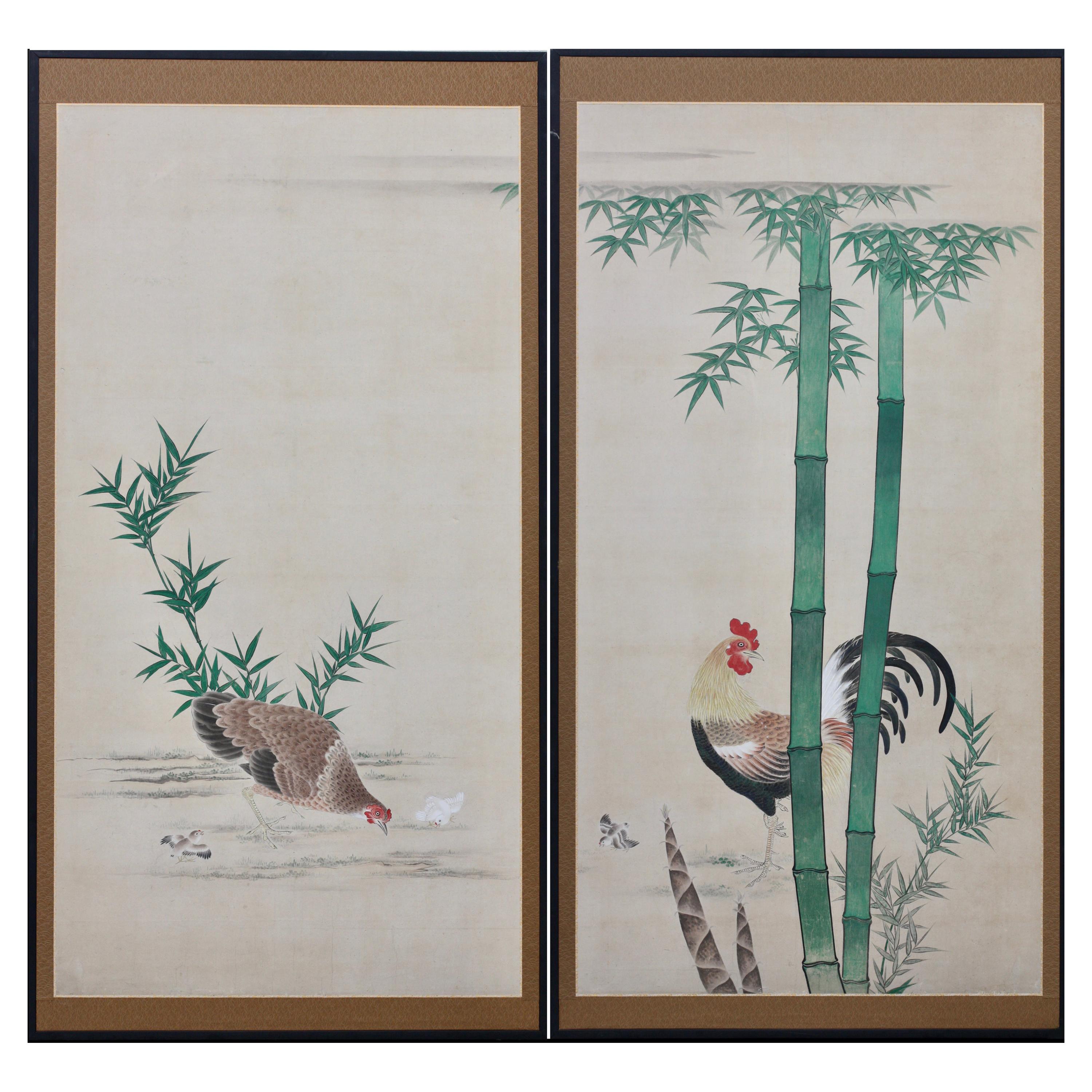 Große antike japanische Gemälde, Paar