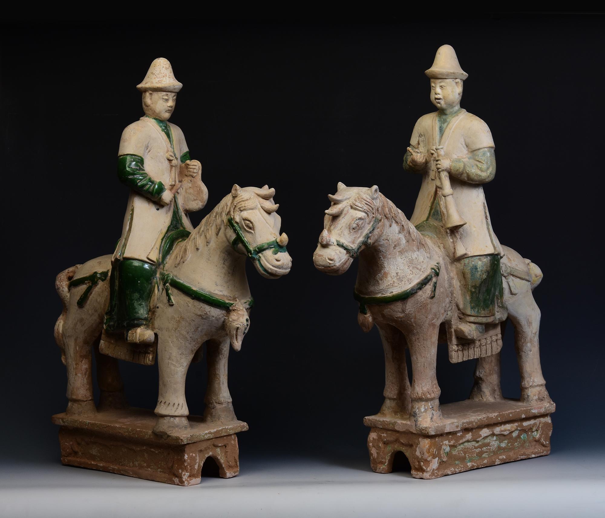 A pair of large antique Chinese pottery musician rider on horse.
Thermoluminescence (TL) test result from Oxford Authentication Ltd. 
is included.

Age: China, Ming Dynasty, A.D. 1368 - 1644
Size: Height 63.5 - 64.5 C.M. / Width 18.5 - 19 C.M. /
