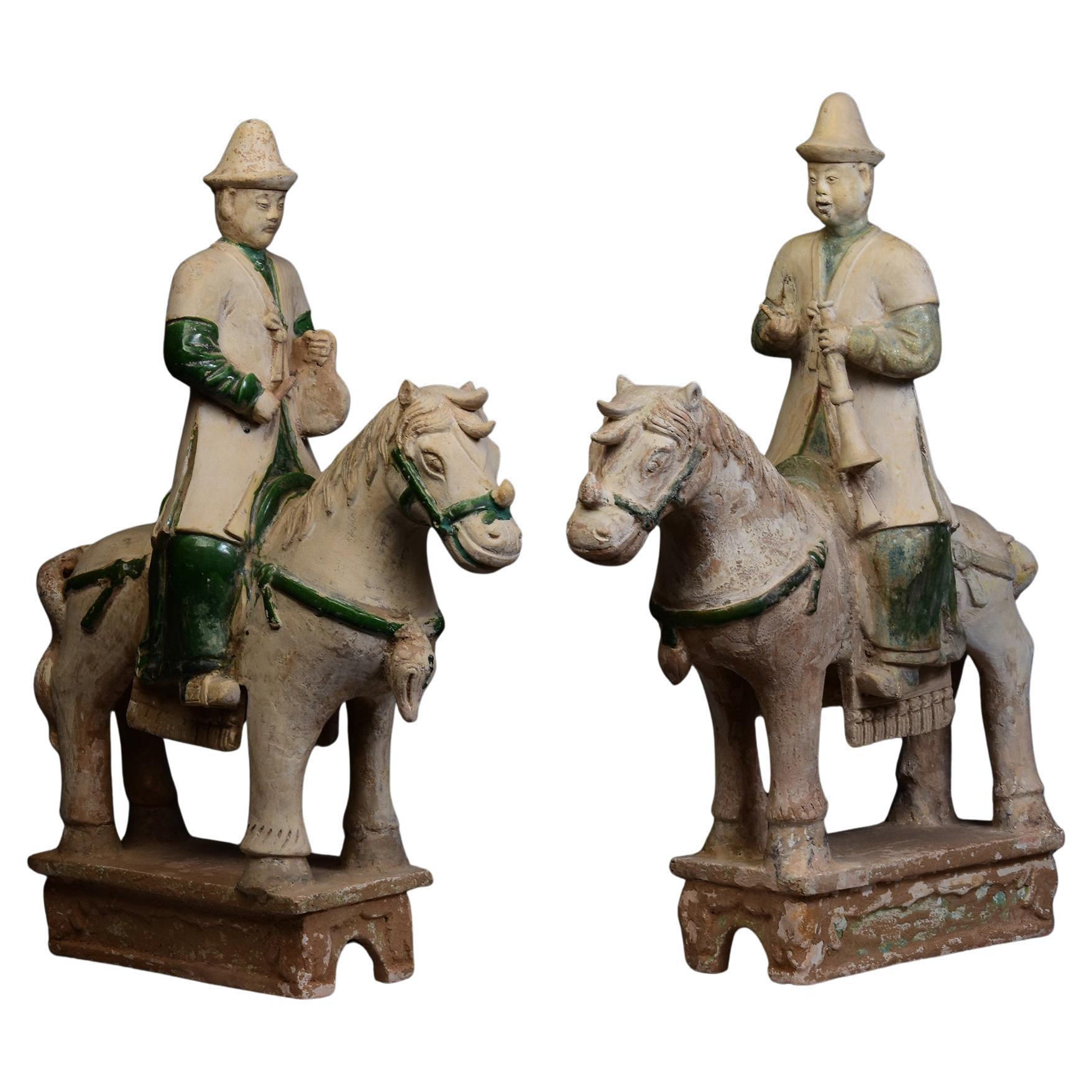 A Pair of Large Antique Ming Pottery Musician Rider on Horse with Oxford TL Test For Sale