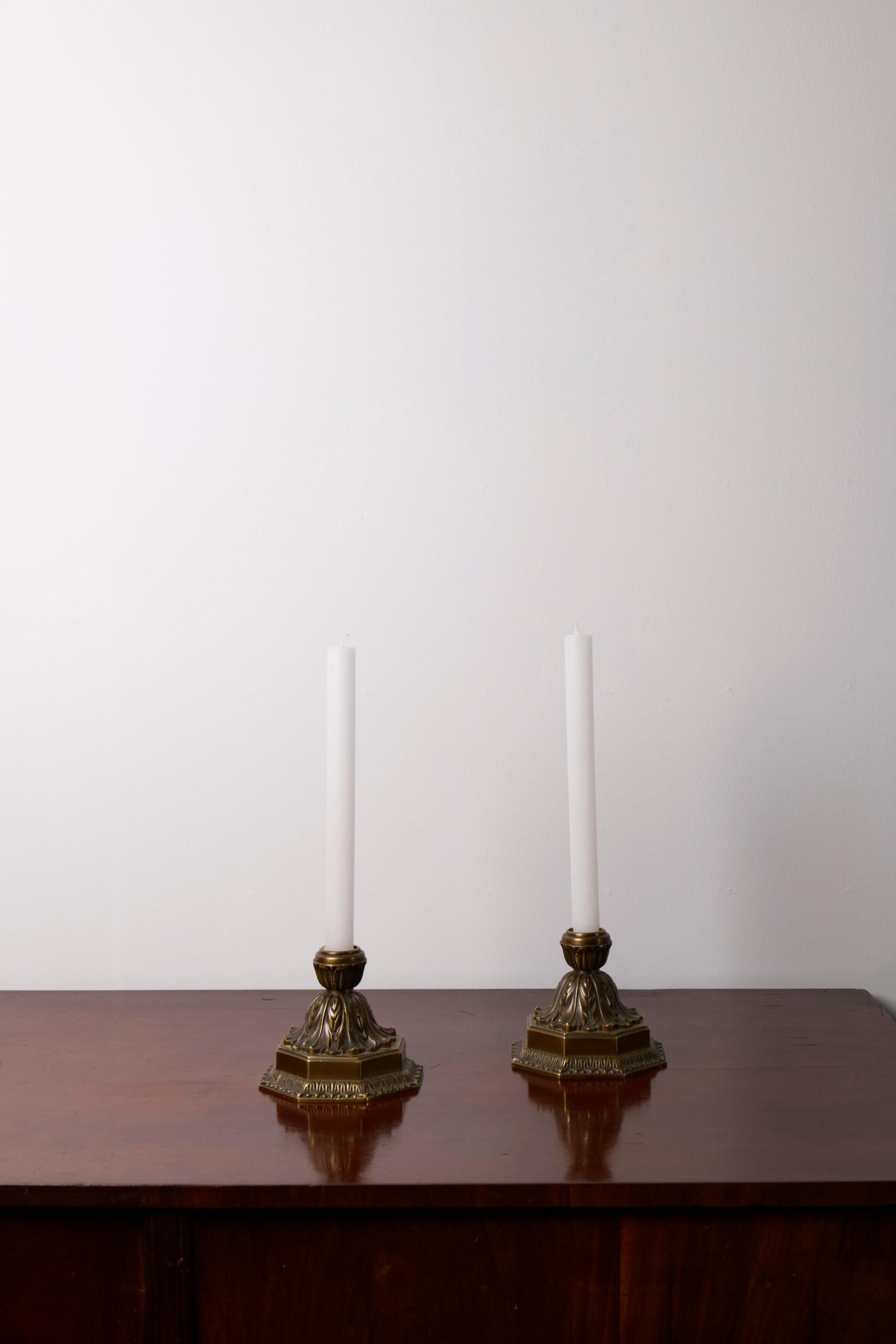 A pair of large Art Deco Solid Bronze candle holders, Denmark, 1930's In Good Condition For Sale In Balen, BE