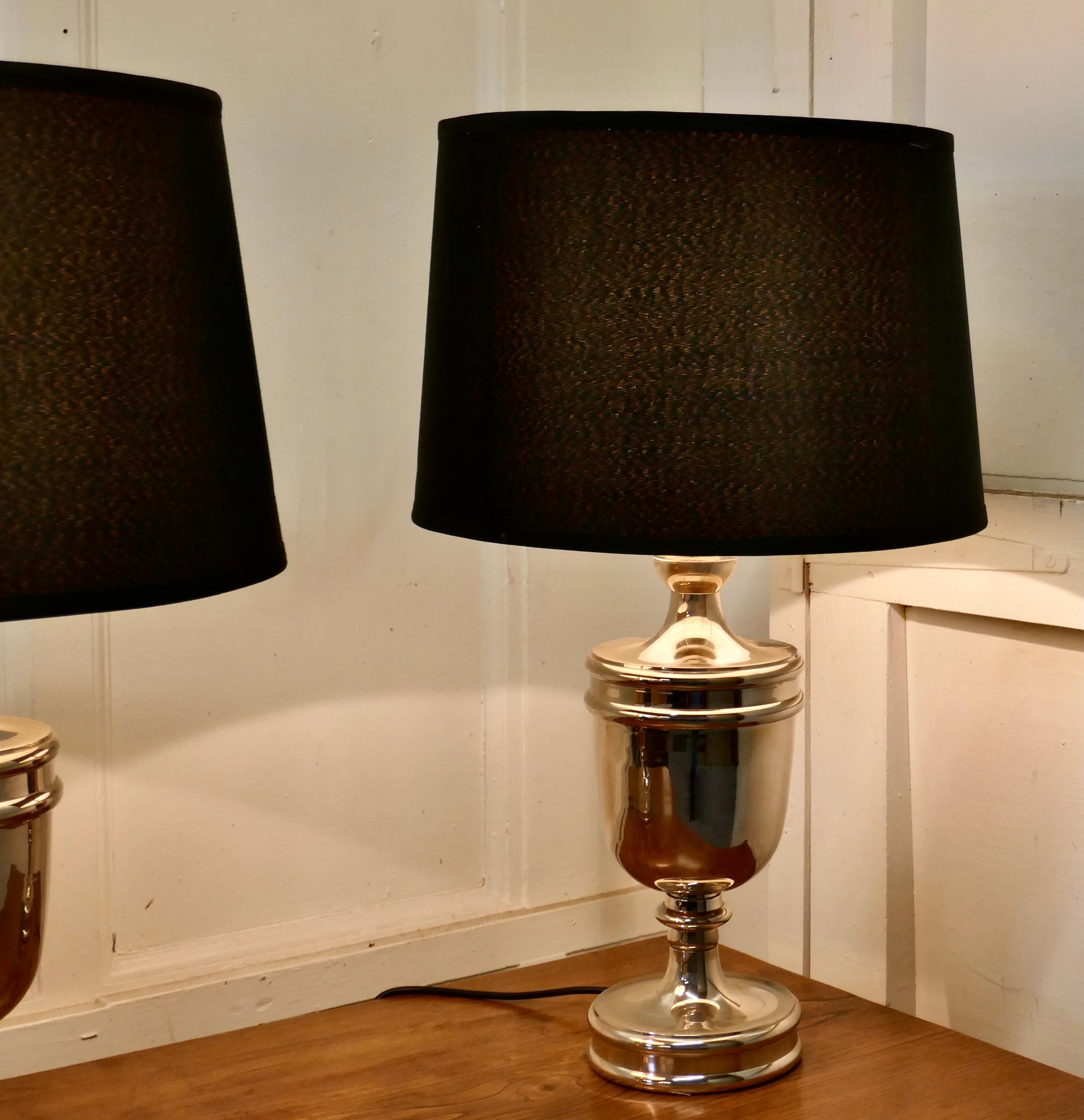 Pair of Large Art Deco Style Chrome Table Lamps with Black Shades In Good Condition In Chillerton, Isle of Wight