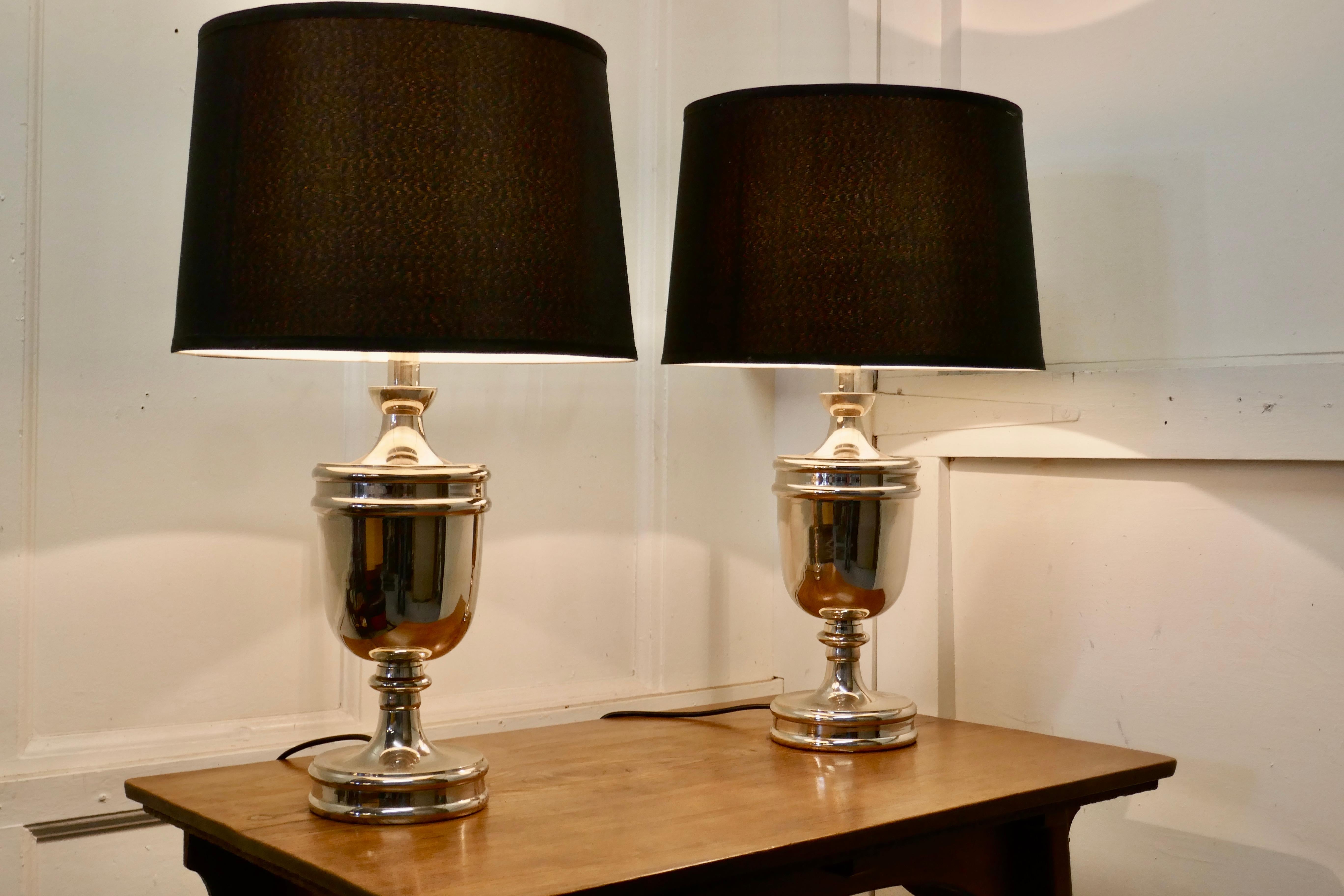 Pair of Large Art Deco Style Chrome Table Lamps with Black Shades 1