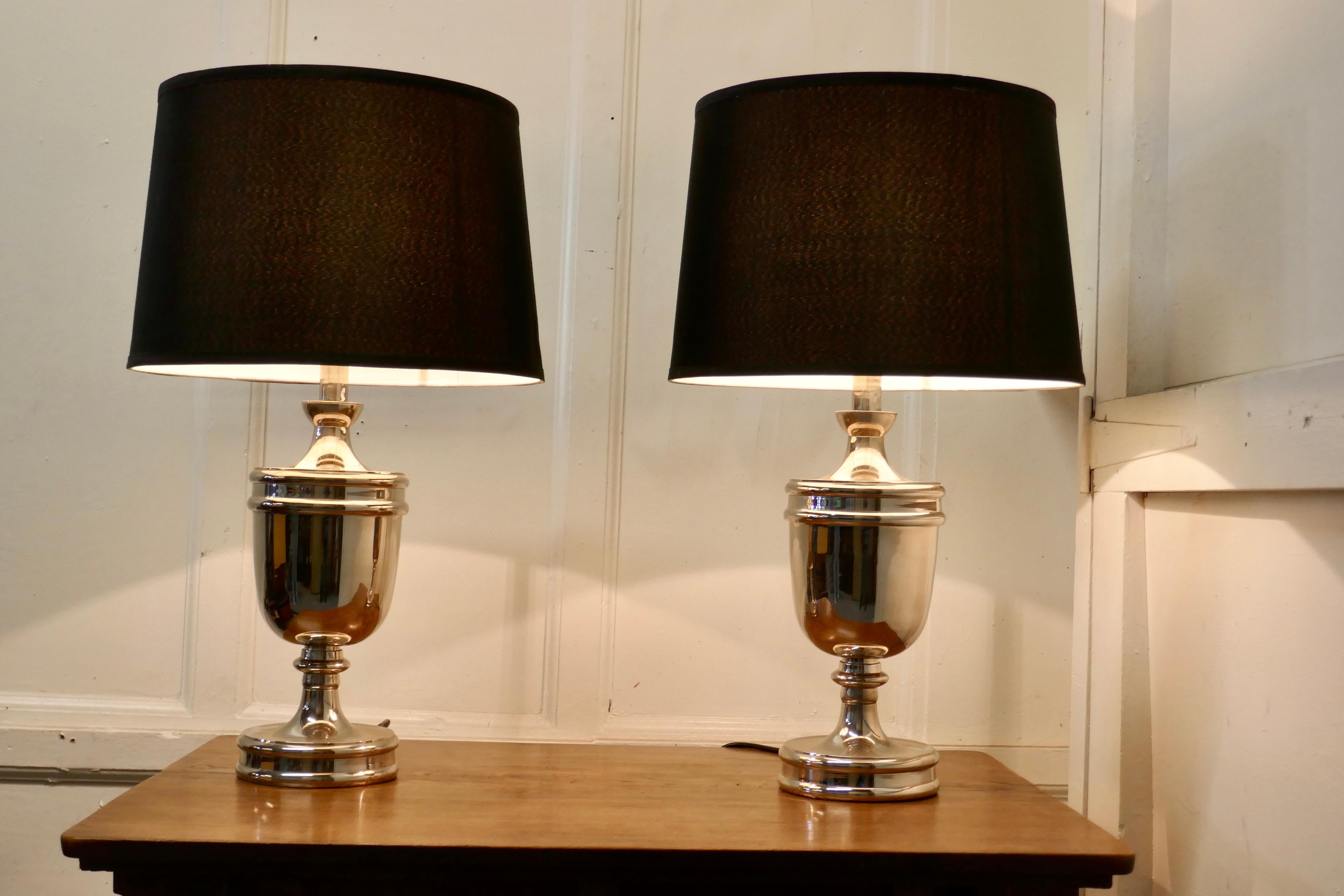 Pair of Large Art Deco Style Chrome Table Lamps with Black Shades For Sale  at 1stDibs