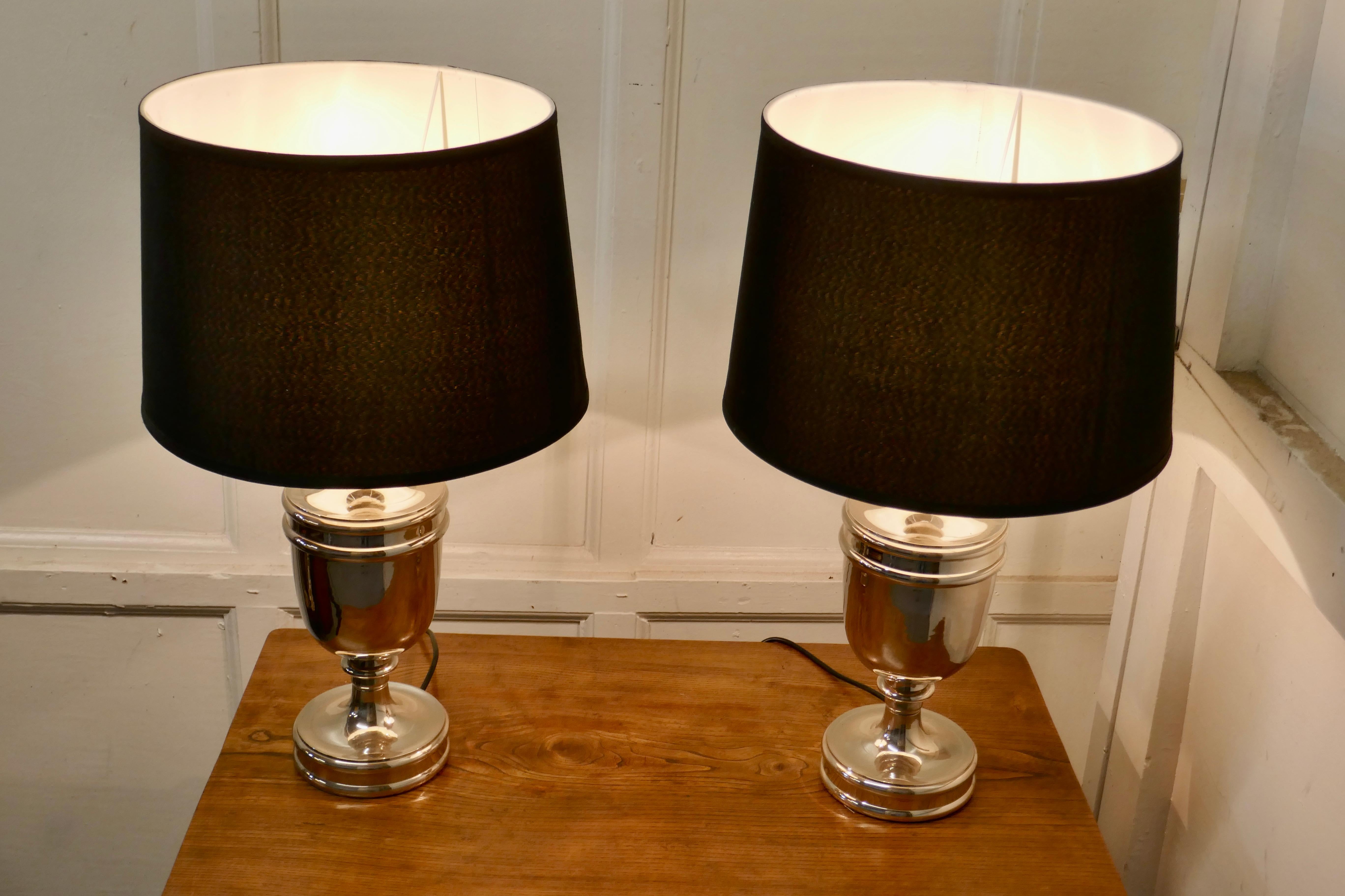 Pair of Large Art Deco Style Chrome Table Lamps with Black Shades 3