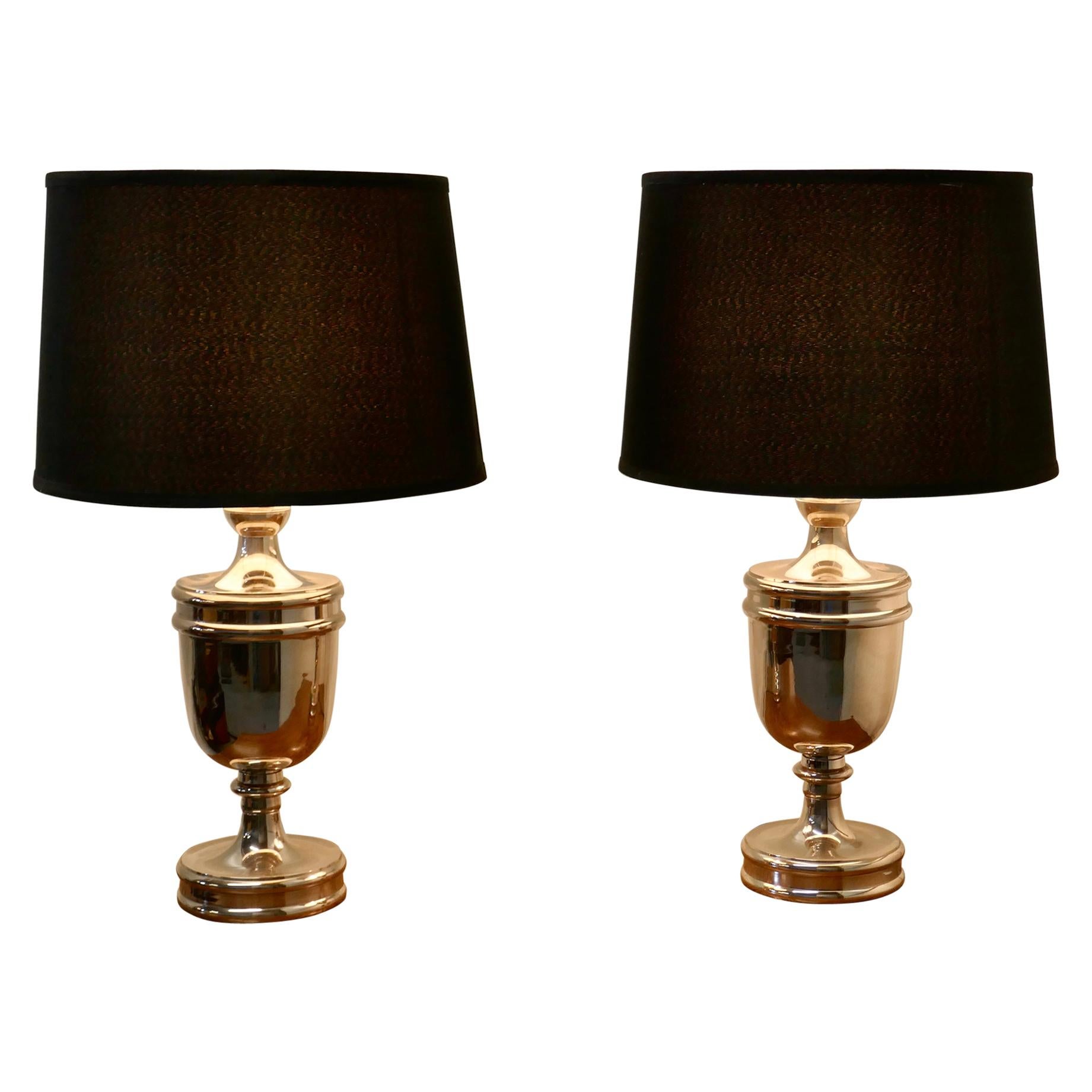 Pair of Large Art Deco Style Chrome Table Lamps with Black Shades