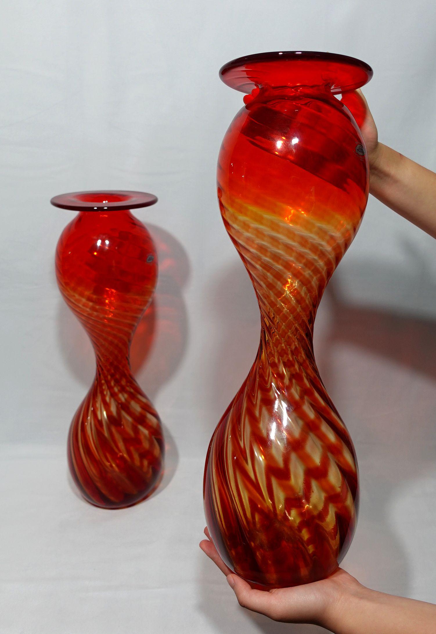 A Pair of Large Blenko Handblown Hourglass Optic Oversized Glass Vases For Sale 6