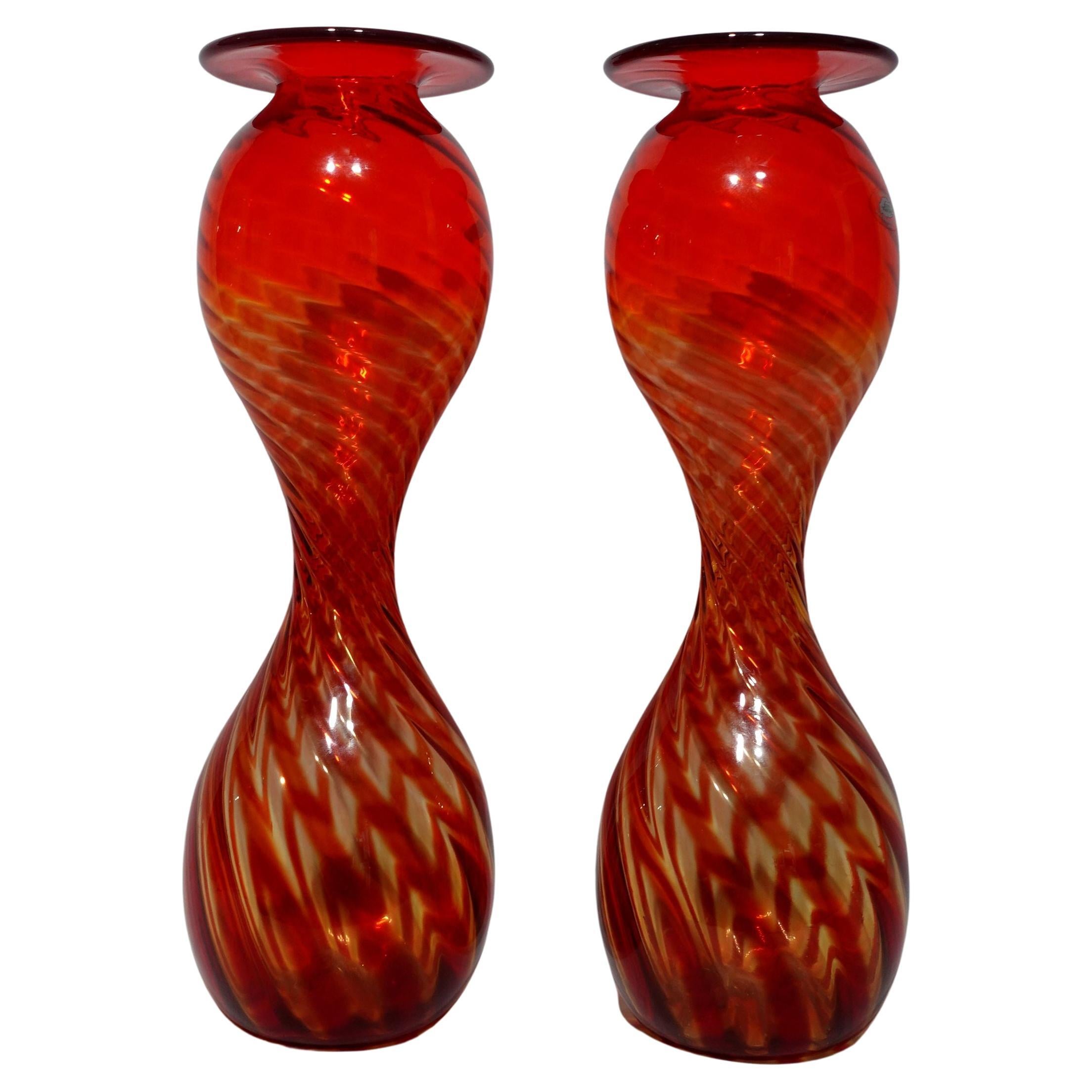 A Pair of Large Blenko Handblown Hourglass Optic Oversized Glass Vases For Sale