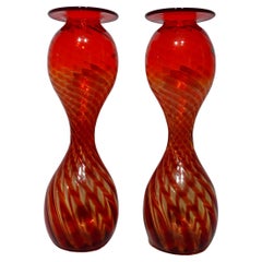 Vintage A Pair of Large Blenko Handblown Hourglass Optic Oversized Glass Vases