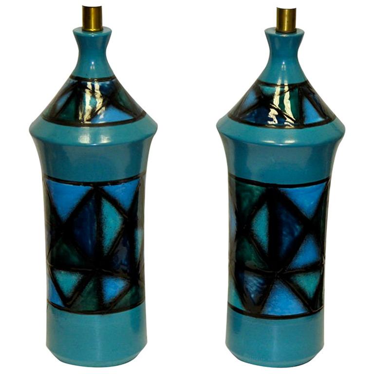Paire de grandes lampes en céramique bleue et verte d'Italie en vente
